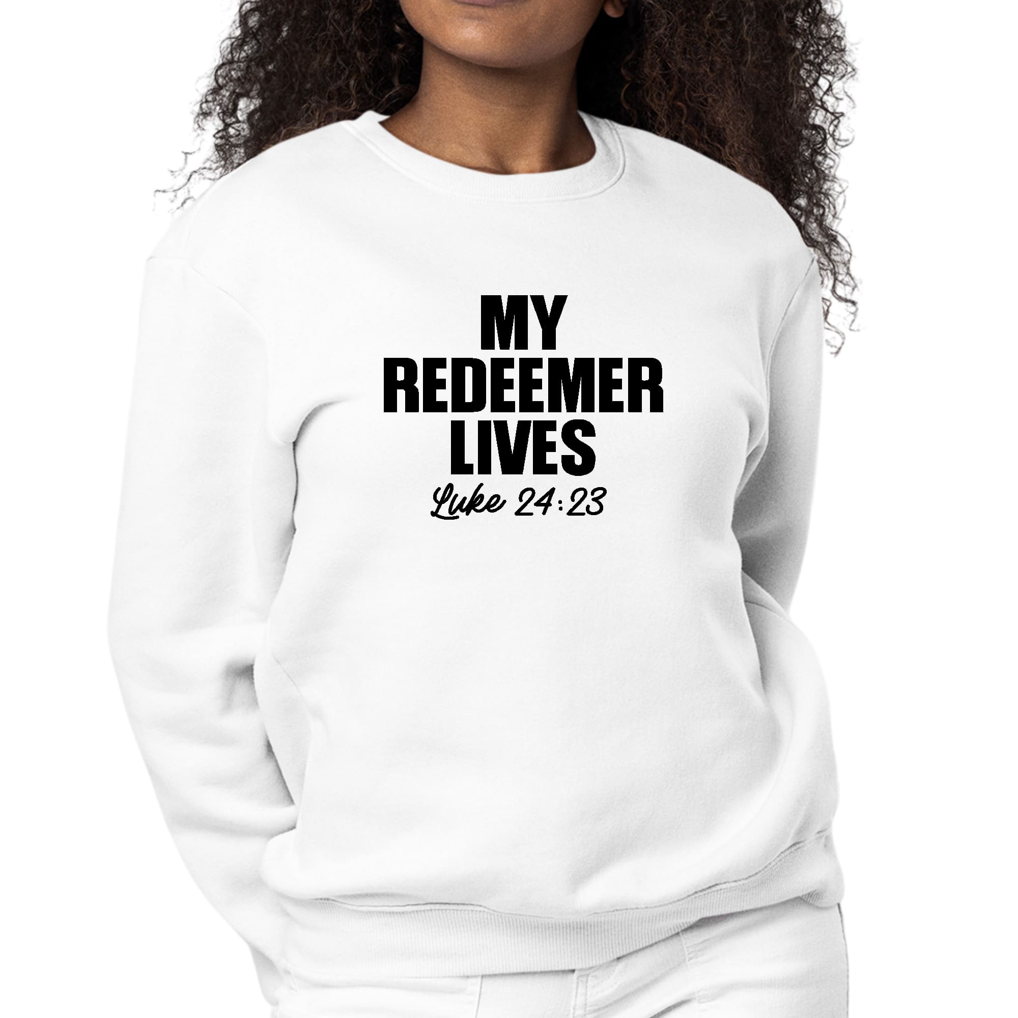 Women's Graphic Sweatshirt featuring 'My Redeemer Lives' print, showcasing a cozy fleece design with ribbed collar and cuffs.