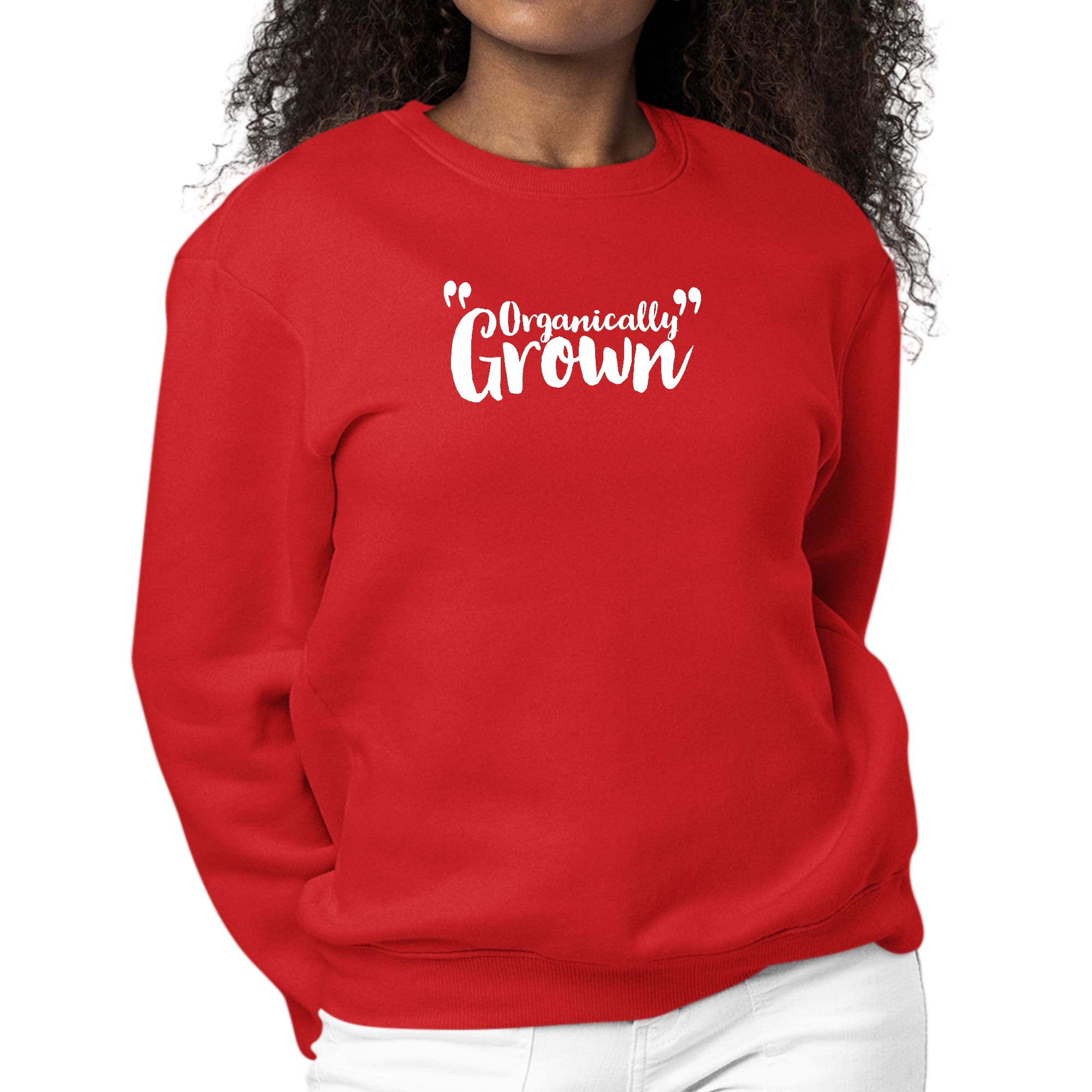 Women's Graphic Sweatshirt featuring affirmation inspiration design, made from organically grown materials, showcasing a comfortable crewneck style.