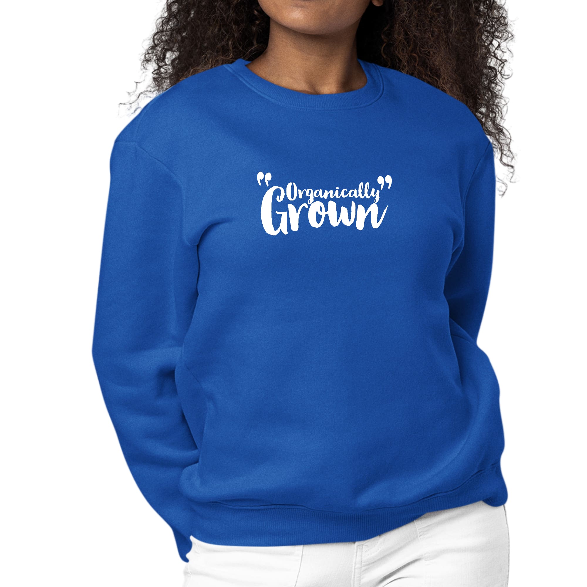 Women's Graphic Sweatshirt featuring affirmation inspiration design, made from organically grown materials, showcasing a comfortable crewneck style.