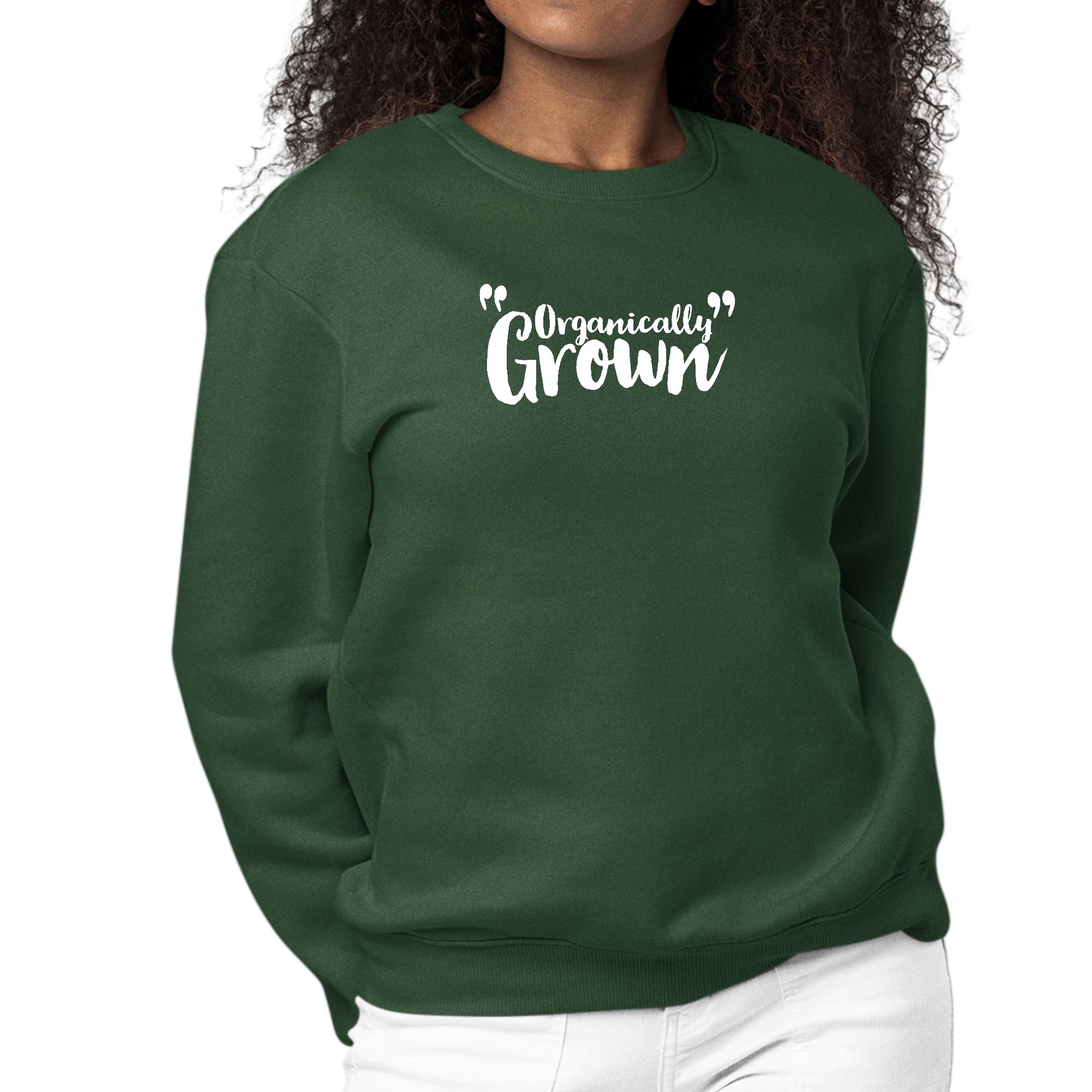 Women's Graphic Sweatshirt featuring affirmation inspiration design, made from organically grown materials, showcasing a comfortable crewneck style.