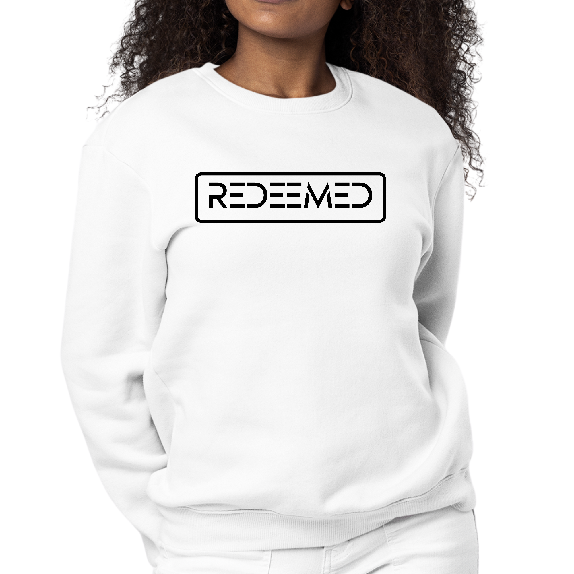Women's black graphic sweatshirt featuring a Redeemed Christian illustration and motivational quote, designed for comfort and style.