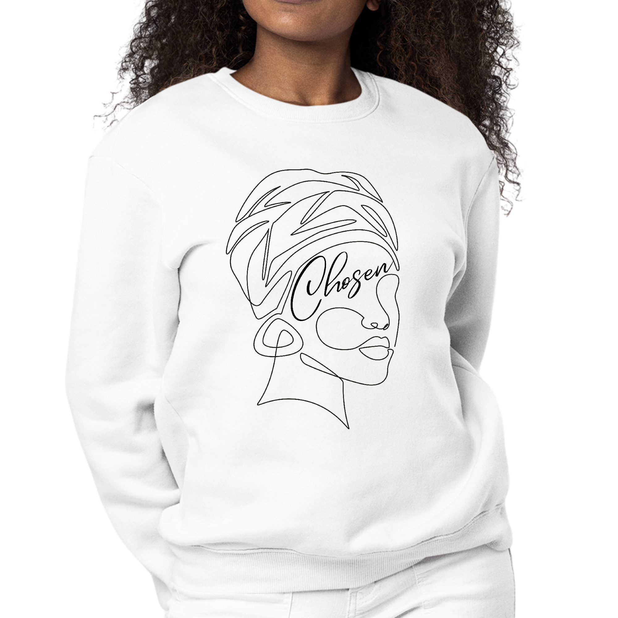 Black woman line art graphic on a comfortable crewneck sweatshirt, showcasing empowerment and self-worth.