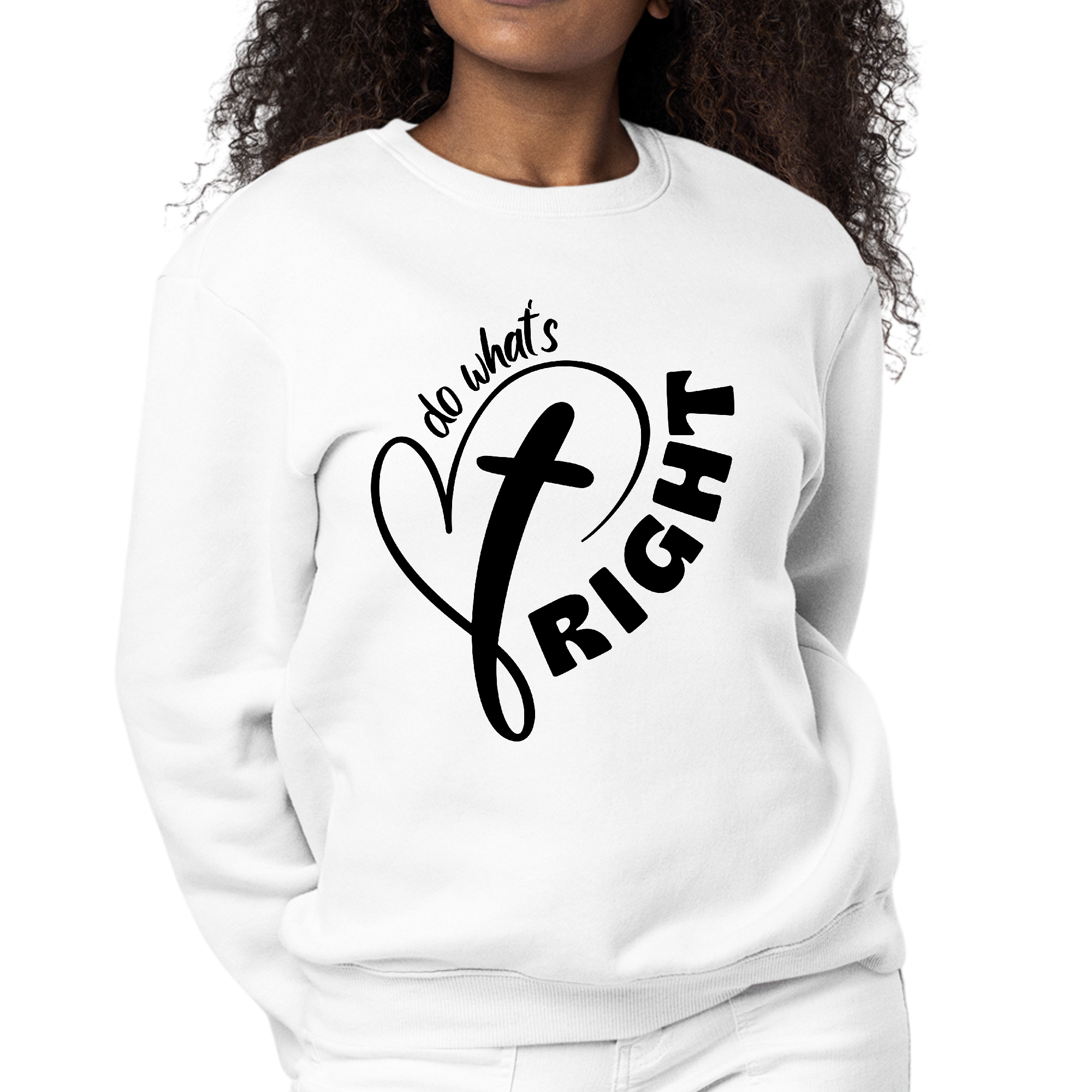 Womens Graphic Sweatshirt in black with 'do What's Right' text, featuring long sleeves and a crewneck design.