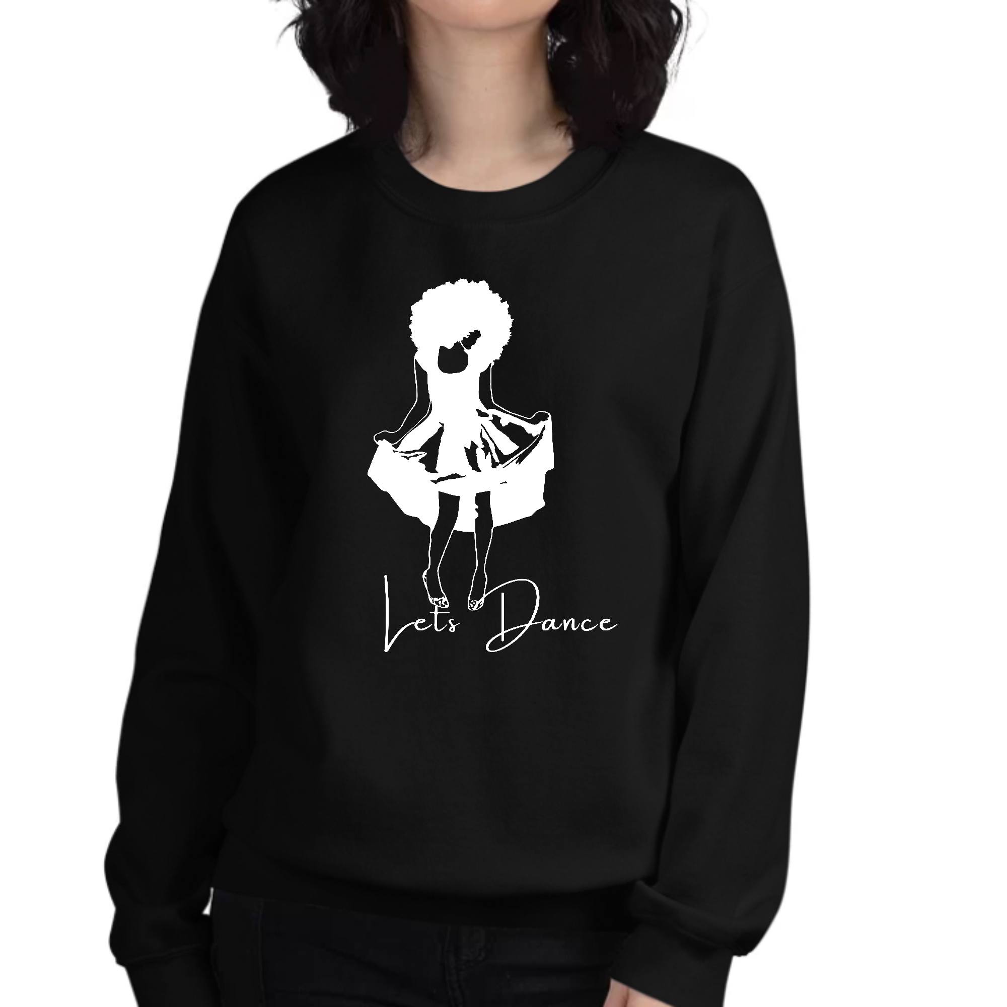 Women's Graphic Sweatshirt with 'Say it Soul, Let's Dance' white line art print, showcasing a stylish and comfortable design.