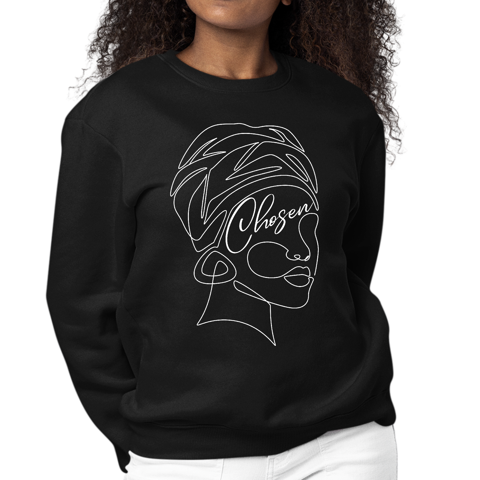 A stylish black women's sweatshirt featuring white line art of a woman, symbolizing self-worth and empowerment, with long sleeves and a crewneck design.