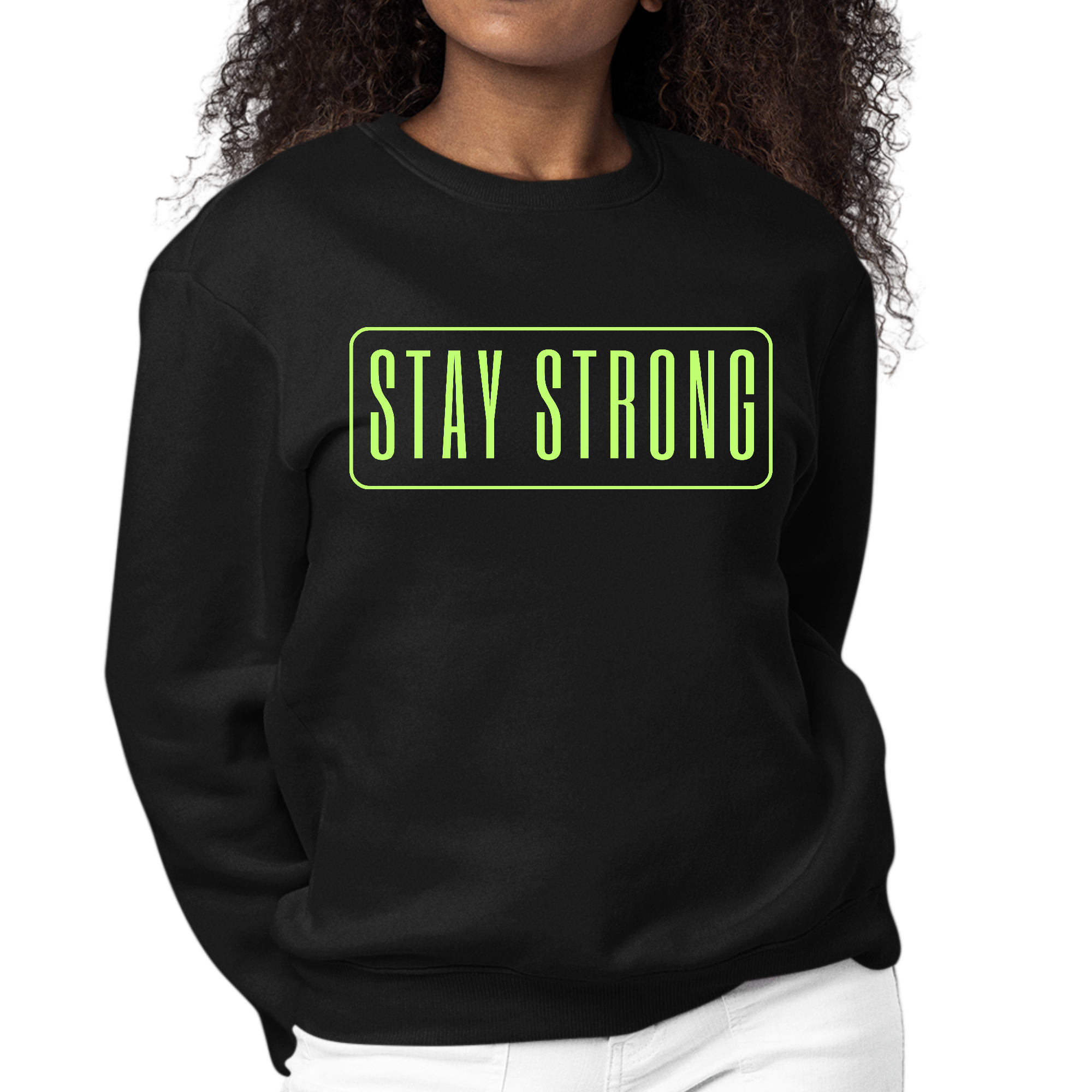Women's long sleeve crewneck sweatshirt with neon 'Stay Strong' graphic print, showcasing vibrant colors and comfortable fit.