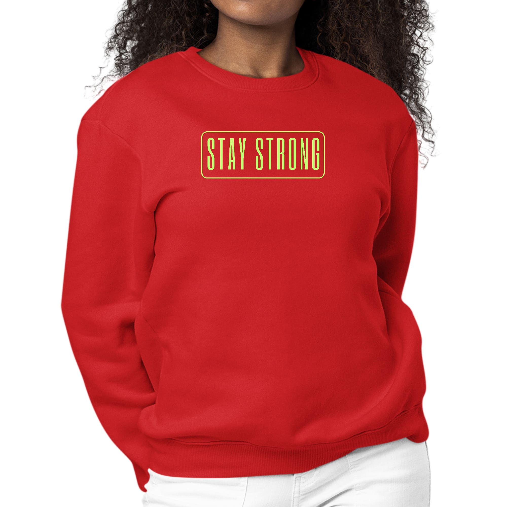 Women's long sleeve crewneck sweatshirt with neon 'Stay Strong' graphic print, showcasing vibrant colors and comfortable fit.