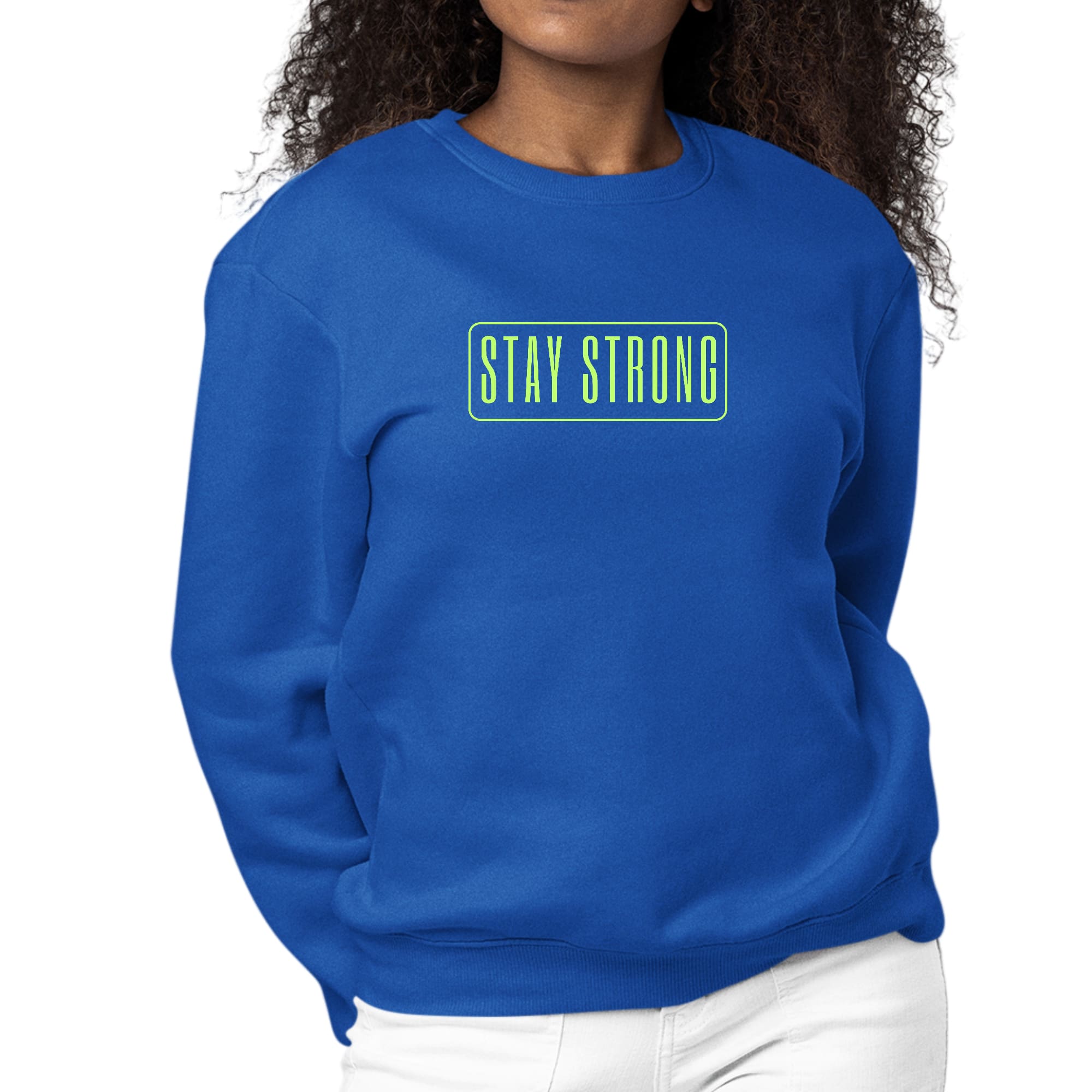 Women's long sleeve crewneck sweatshirt with neon 'Stay Strong' graphic print, showcasing vibrant colors and comfortable fit.