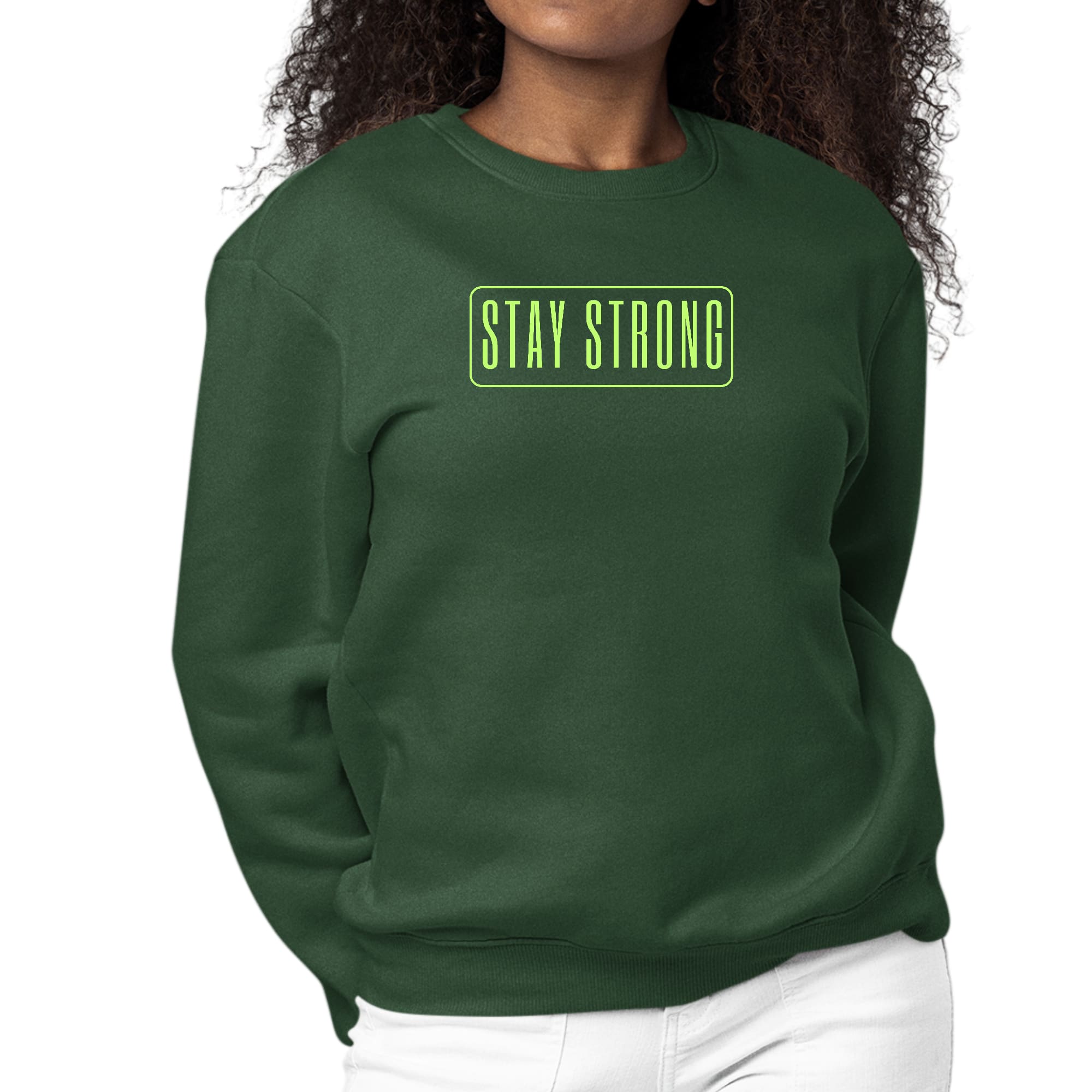 Women's long sleeve crewneck sweatshirt with neon 'Stay Strong' graphic print, showcasing vibrant colors and comfortable fit.