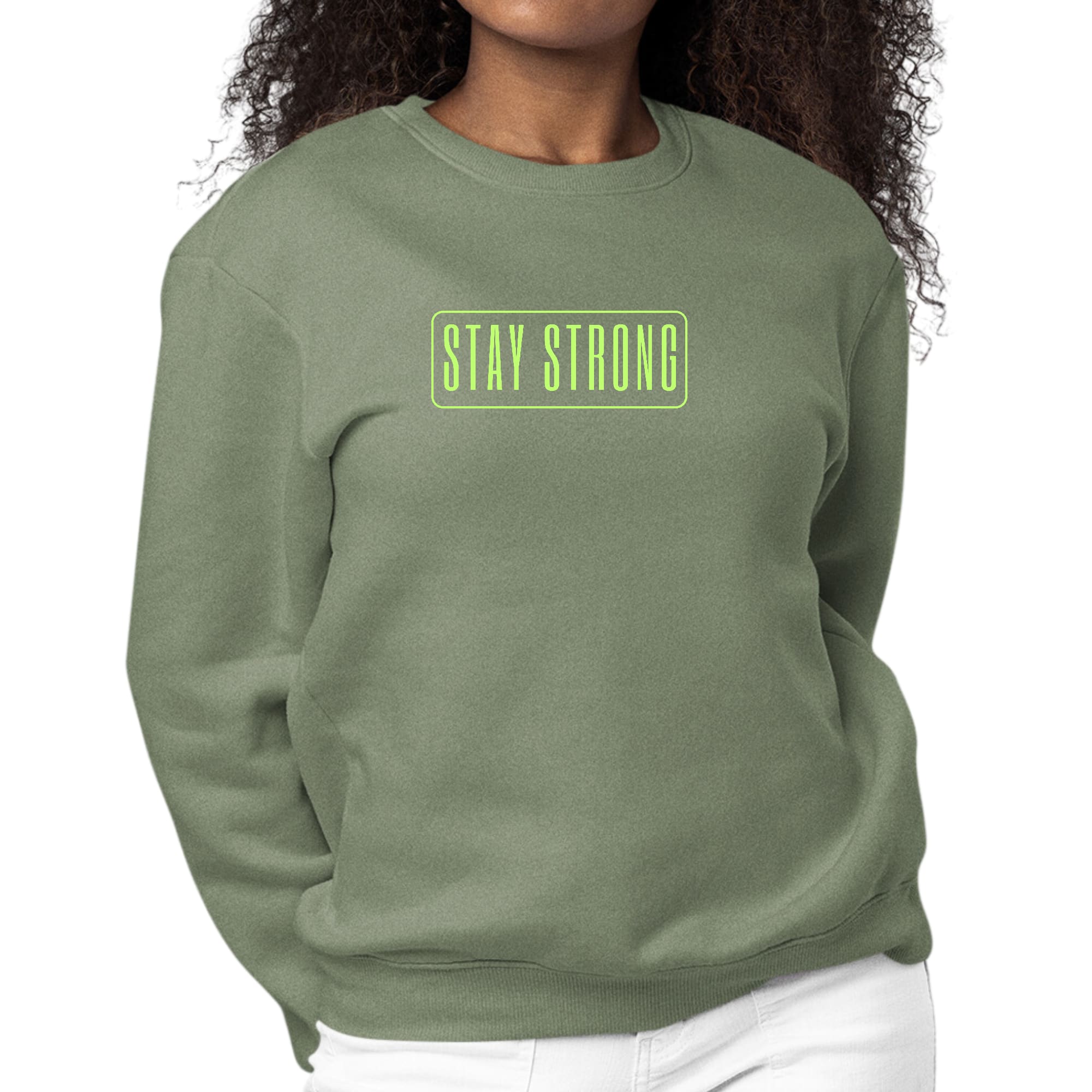 Women's long sleeve crewneck sweatshirt with neon 'Stay Strong' graphic print, showcasing vibrant colors and comfortable fit.