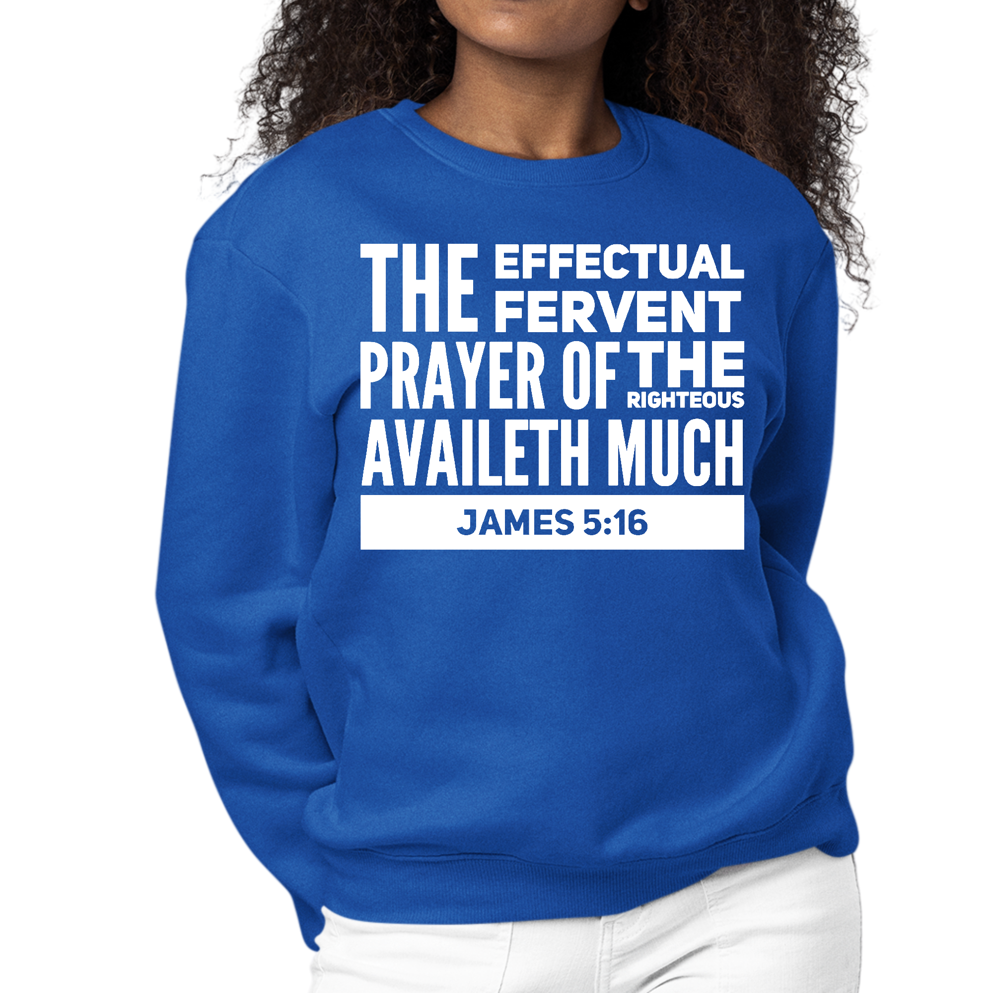 Womens Graphic Sweatshirt featuring James 5:16 with a crewneck design, long sleeves, and ribbed cuffs, showcasing a faith-inspired message.
