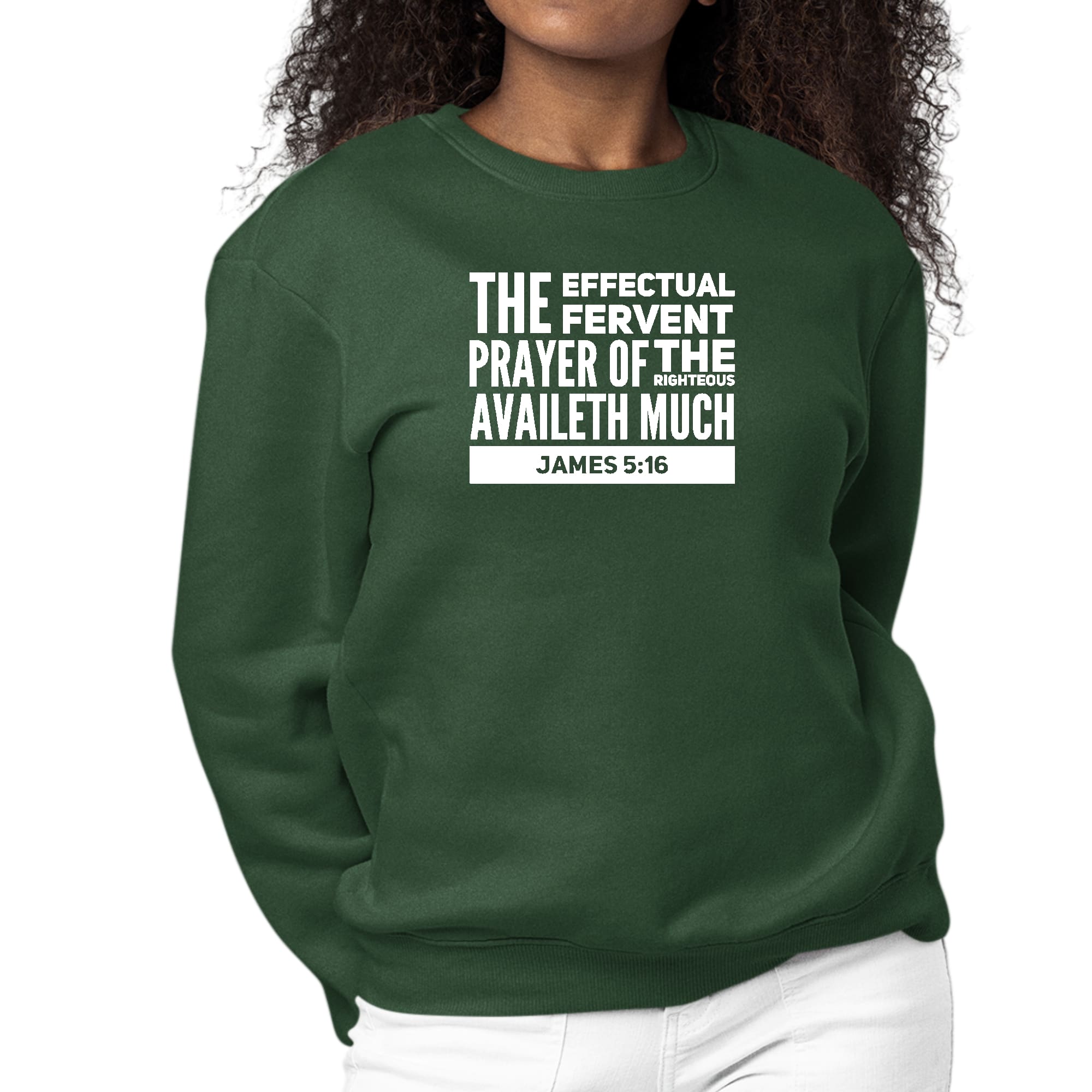 Womens Graphic Sweatshirt featuring James 5:16 with a crewneck design, long sleeves, and ribbed cuffs, showcasing a faith-inspired message.