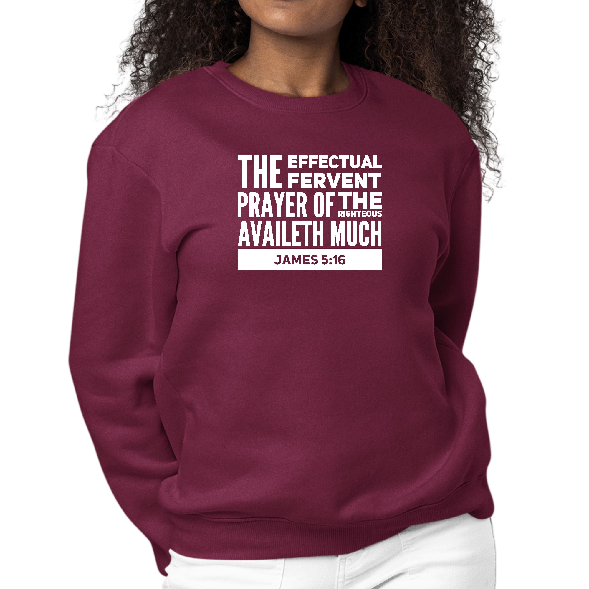 Womens Graphic Sweatshirt featuring James 5:16 with a crewneck design, long sleeves, and ribbed cuffs, showcasing a faith-inspired message.