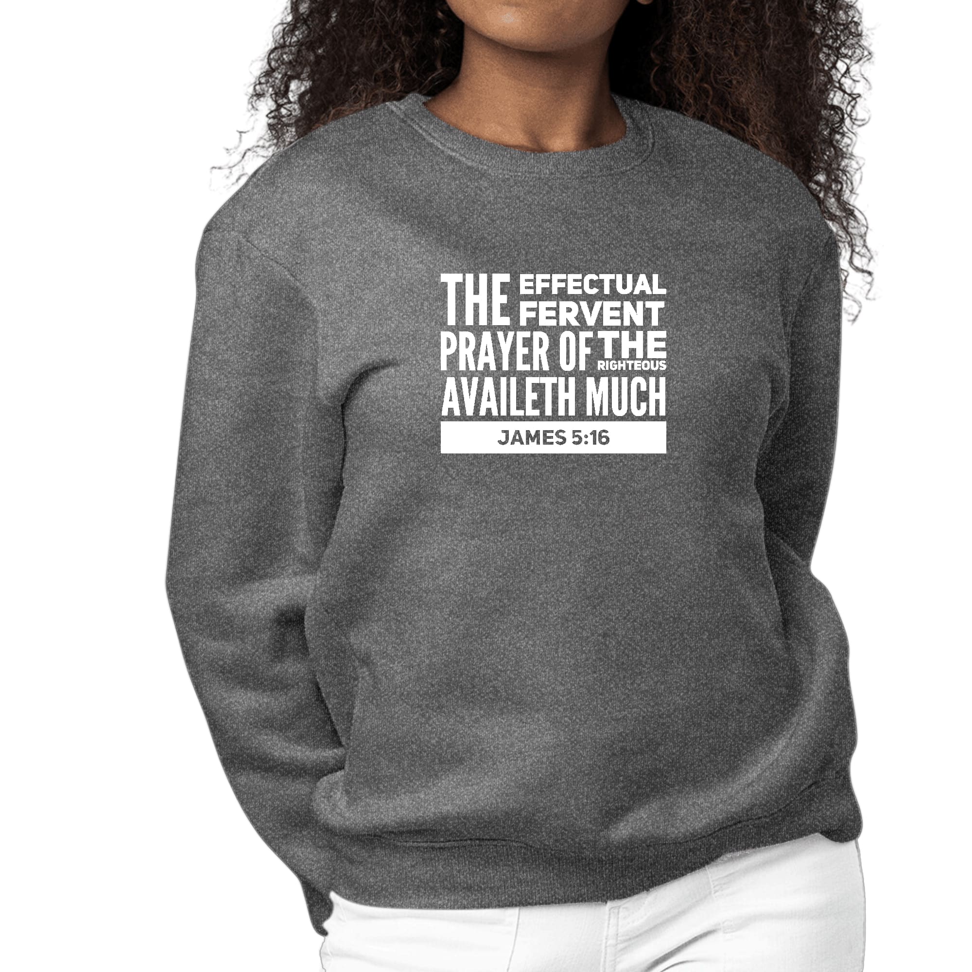Womens Graphic Sweatshirt featuring James 5:16 with a crewneck design, long sleeves, and ribbed cuffs, showcasing a faith-inspired message.