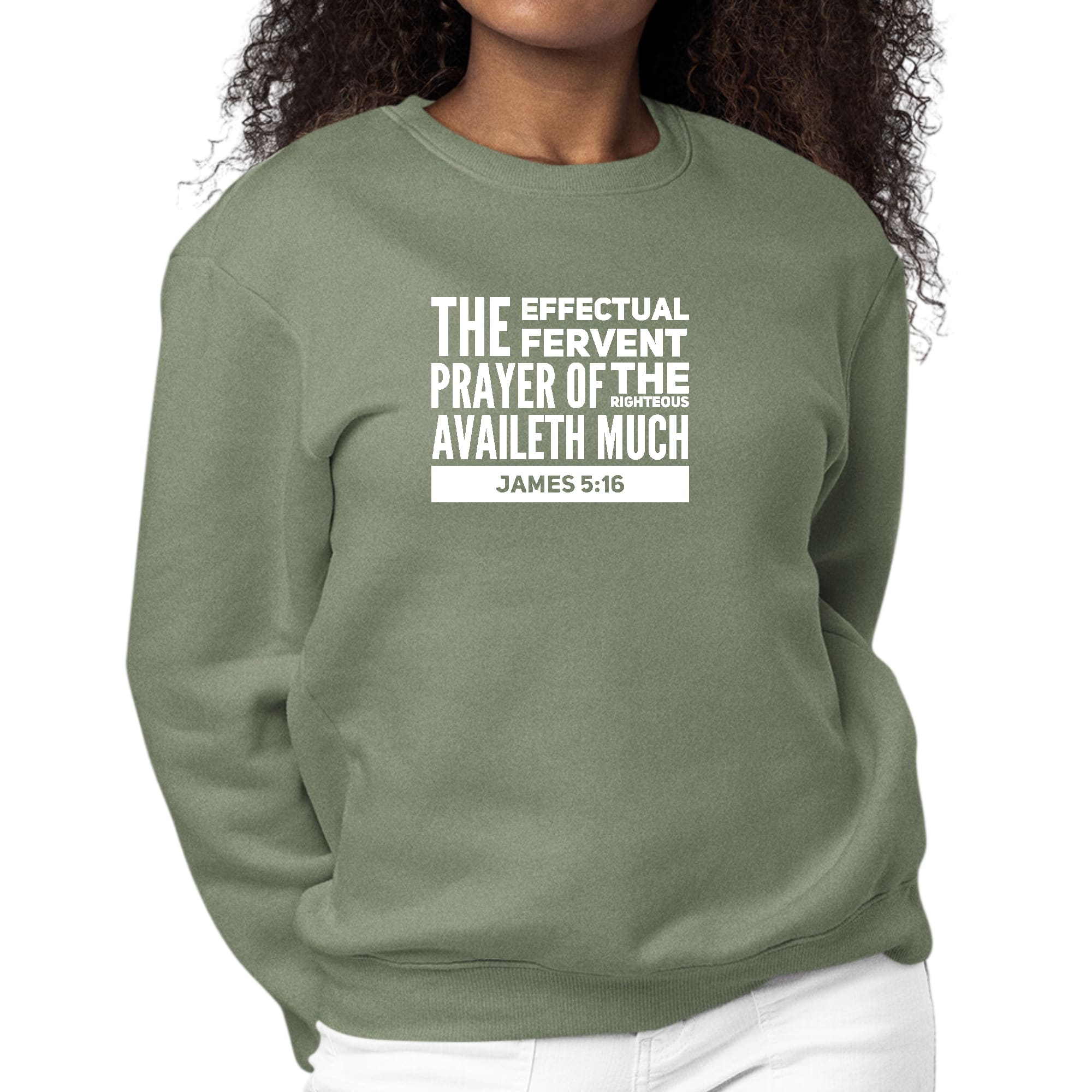 Womens Graphic Sweatshirt featuring James 5:16 with a crewneck design, long sleeves, and ribbed cuffs, showcasing a faith-inspired message.