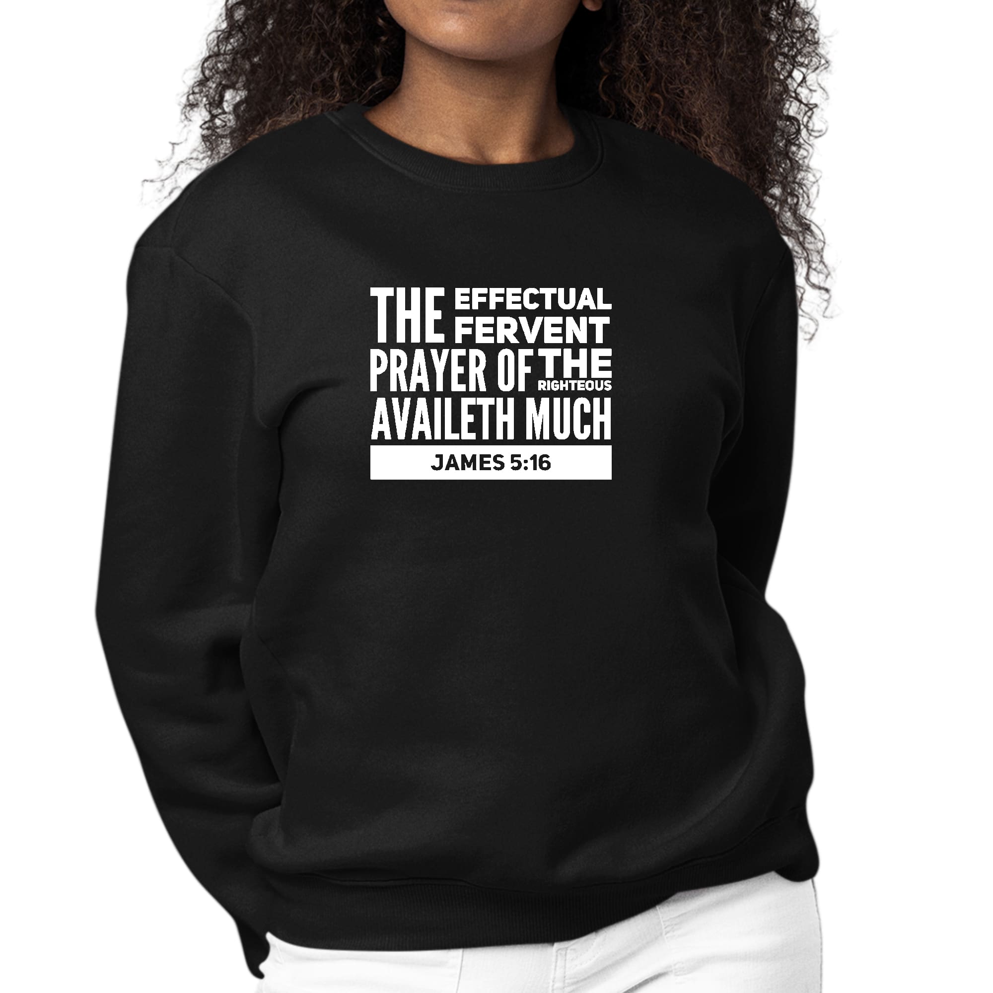 Womens Graphic Sweatshirt featuring James 5:16 with a crewneck design, long sleeves, and ribbed cuffs, showcasing a faith-inspired message.