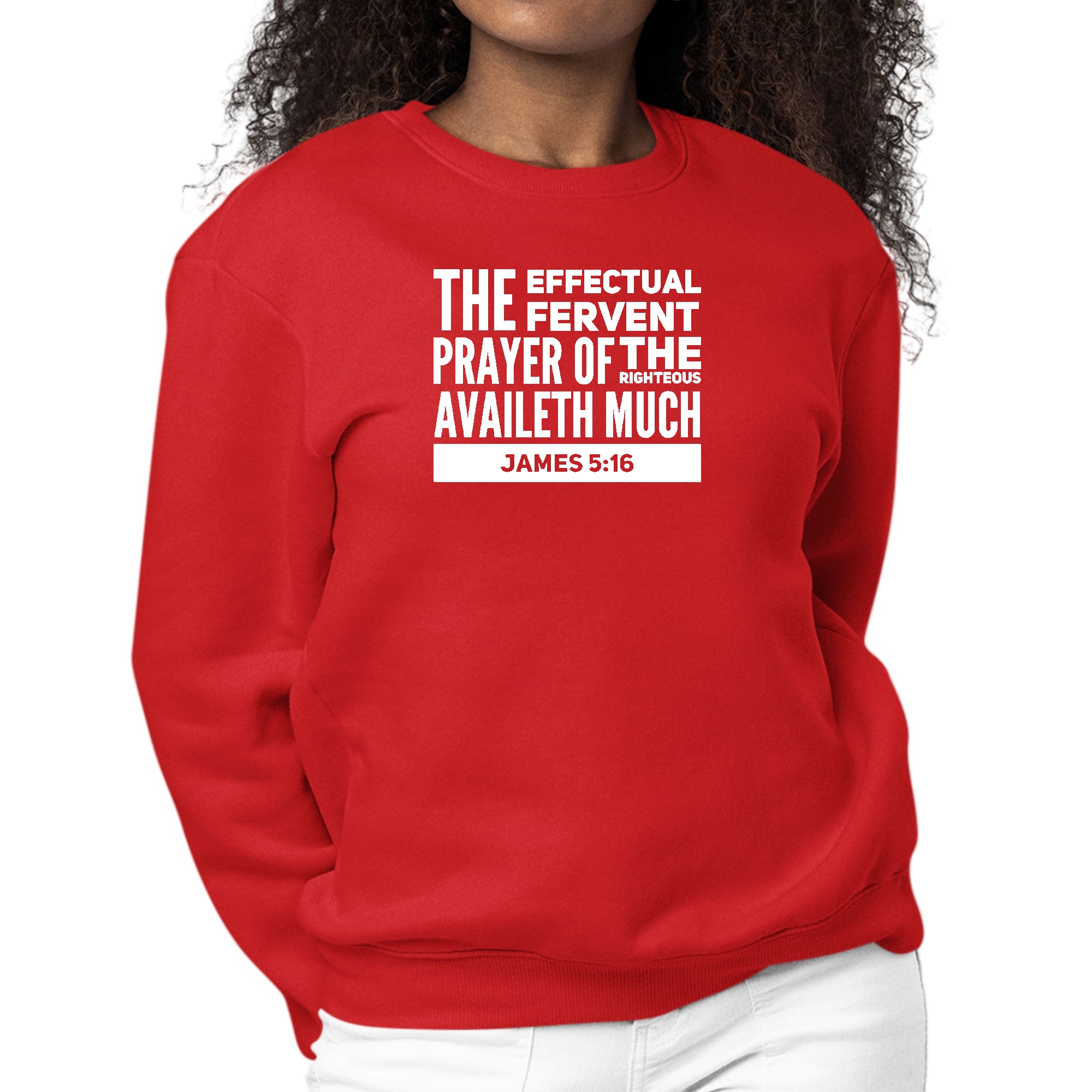 Womens Graphic Sweatshirt featuring James 5:16 with a crewneck design, long sleeves, and ribbed cuffs, showcasing a faith-inspired message.