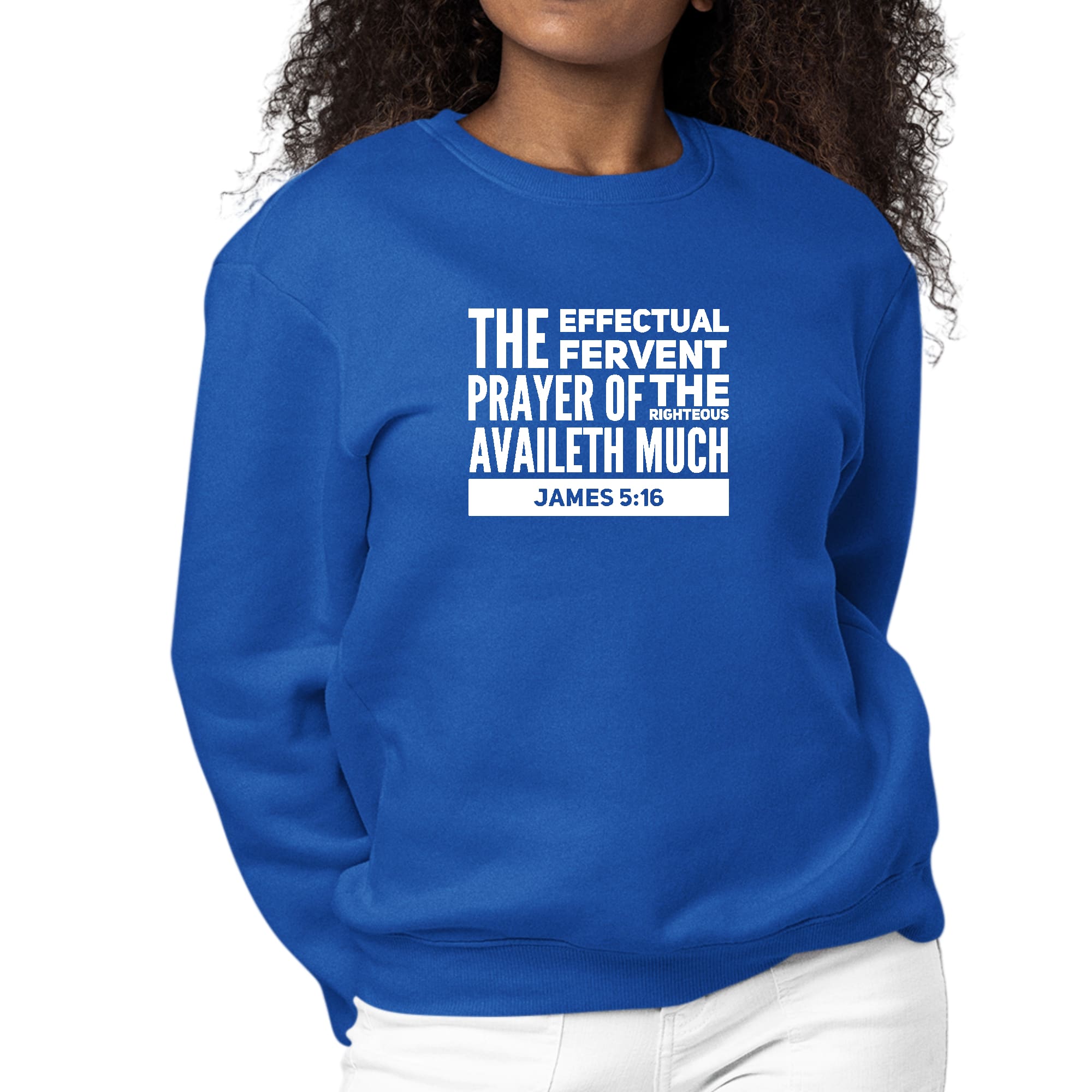 Womens Graphic Sweatshirt featuring James 5:16 with a crewneck design, long sleeves, and ribbed cuffs, showcasing a faith-inspired message.