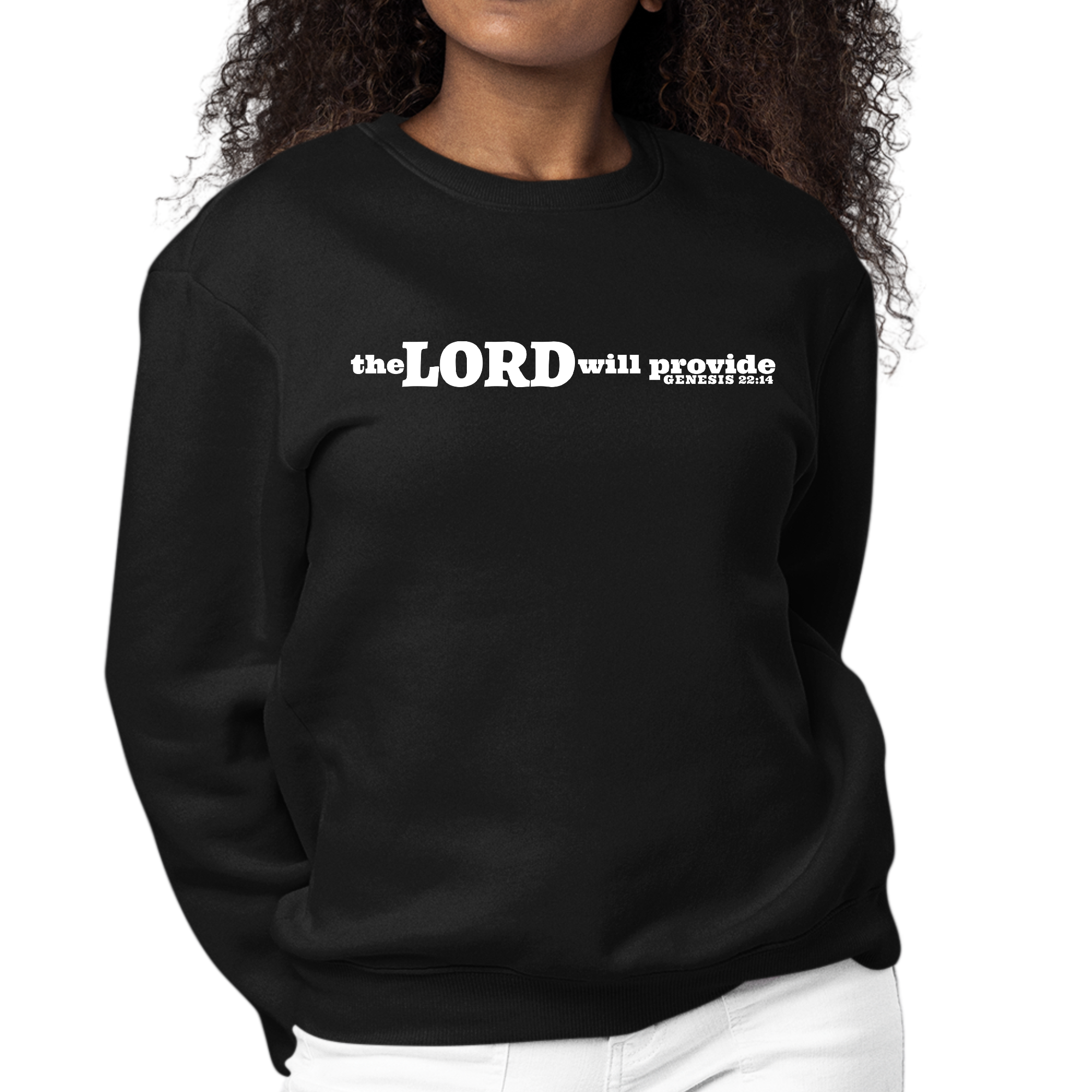 Women's long sleeve graphic sweatshirt with 'The Lord Will Provide' print, featuring a comfortable crewneck design and ribbed details.