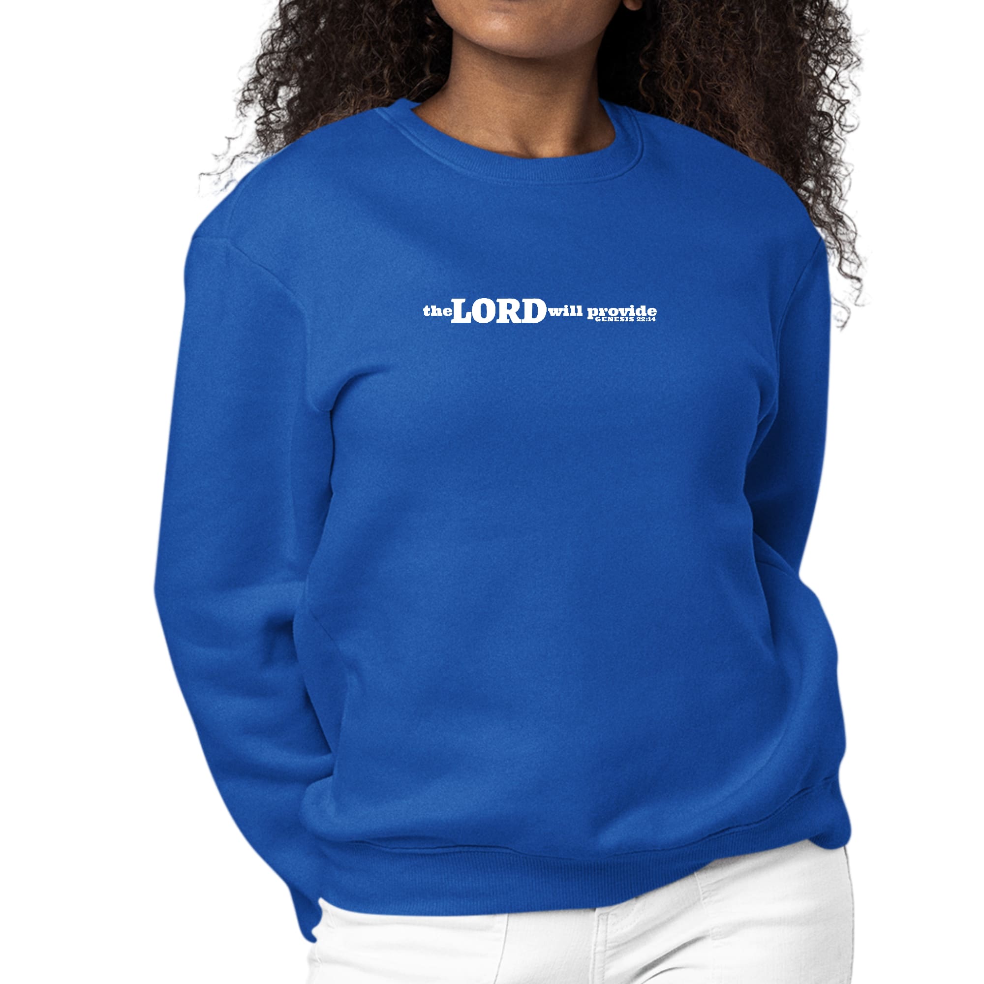 Women's long sleeve graphic sweatshirt with 'The Lord Will Provide' print, featuring a comfortable crewneck design and ribbed details.