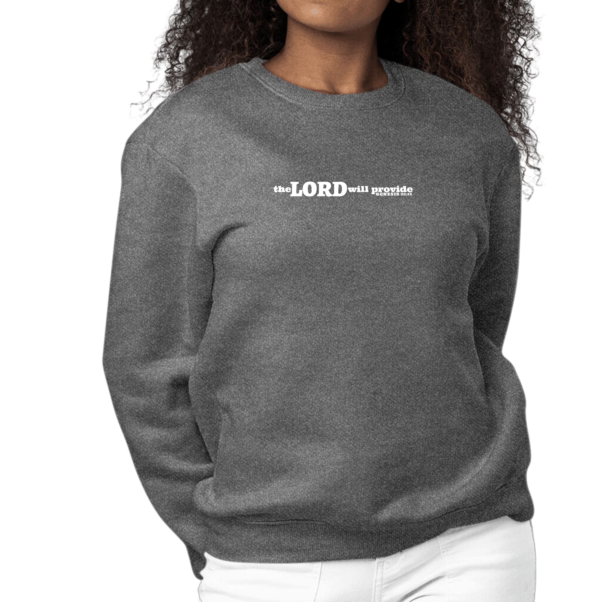 Women's long sleeve graphic sweatshirt with 'The Lord Will Provide' print, featuring a comfortable crewneck design and ribbed details.