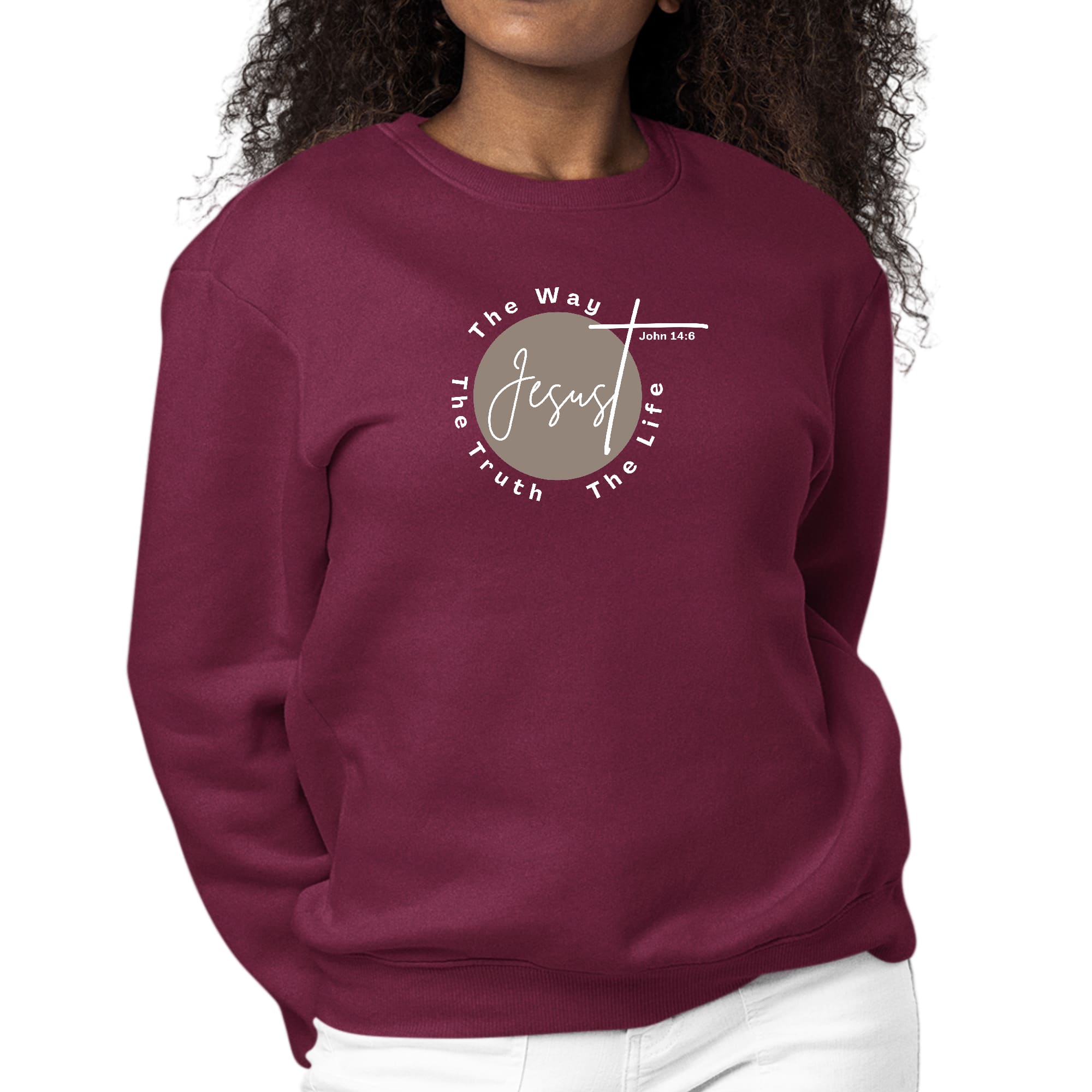 Women's brown and white graphic sweatshirt with 'The Truth The Way The Life' printed on the front, featuring a crewneck design and long sleeves.