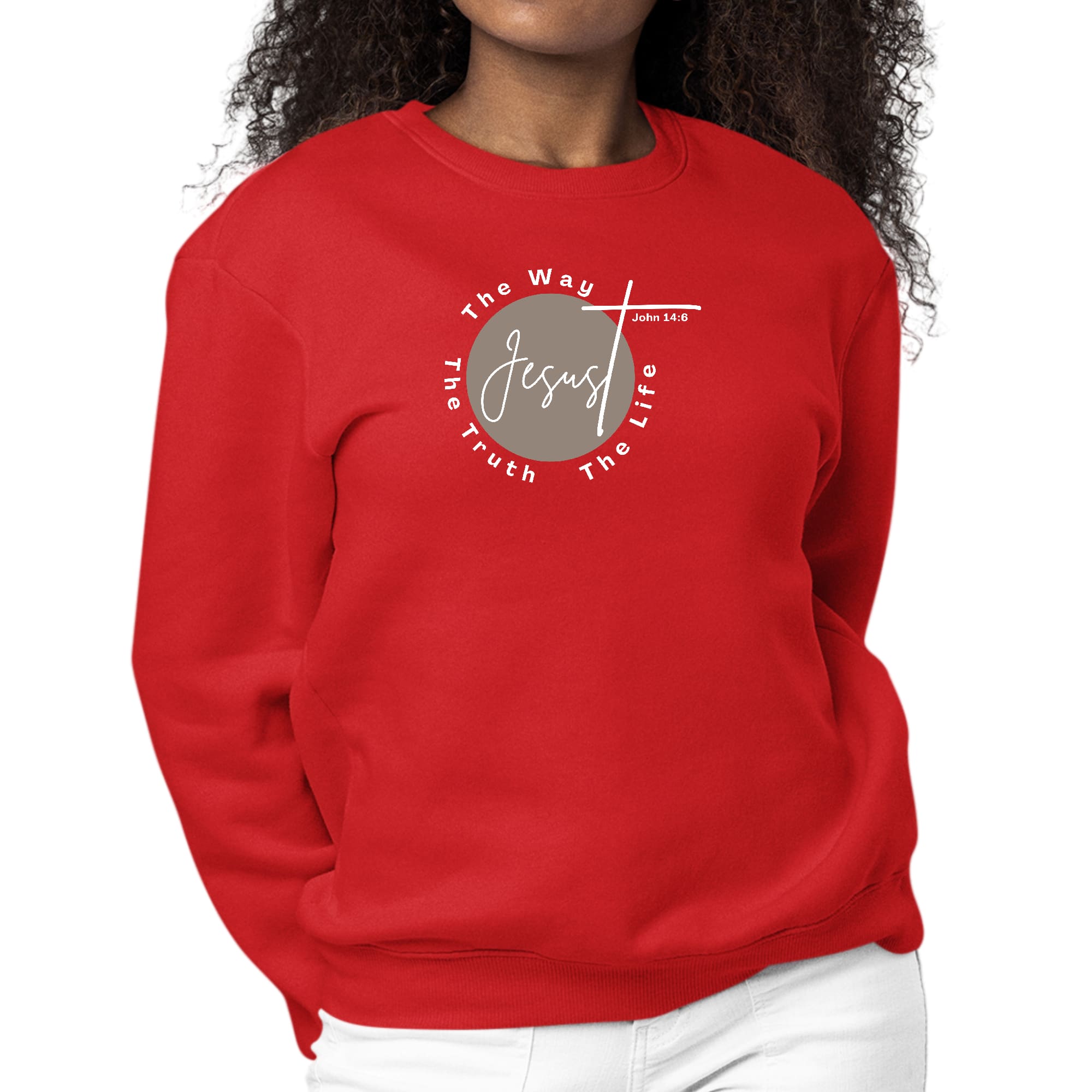 Women's brown and white graphic sweatshirt with 'The Truth The Way The Life' printed on the front, featuring a crewneck design and long sleeves.