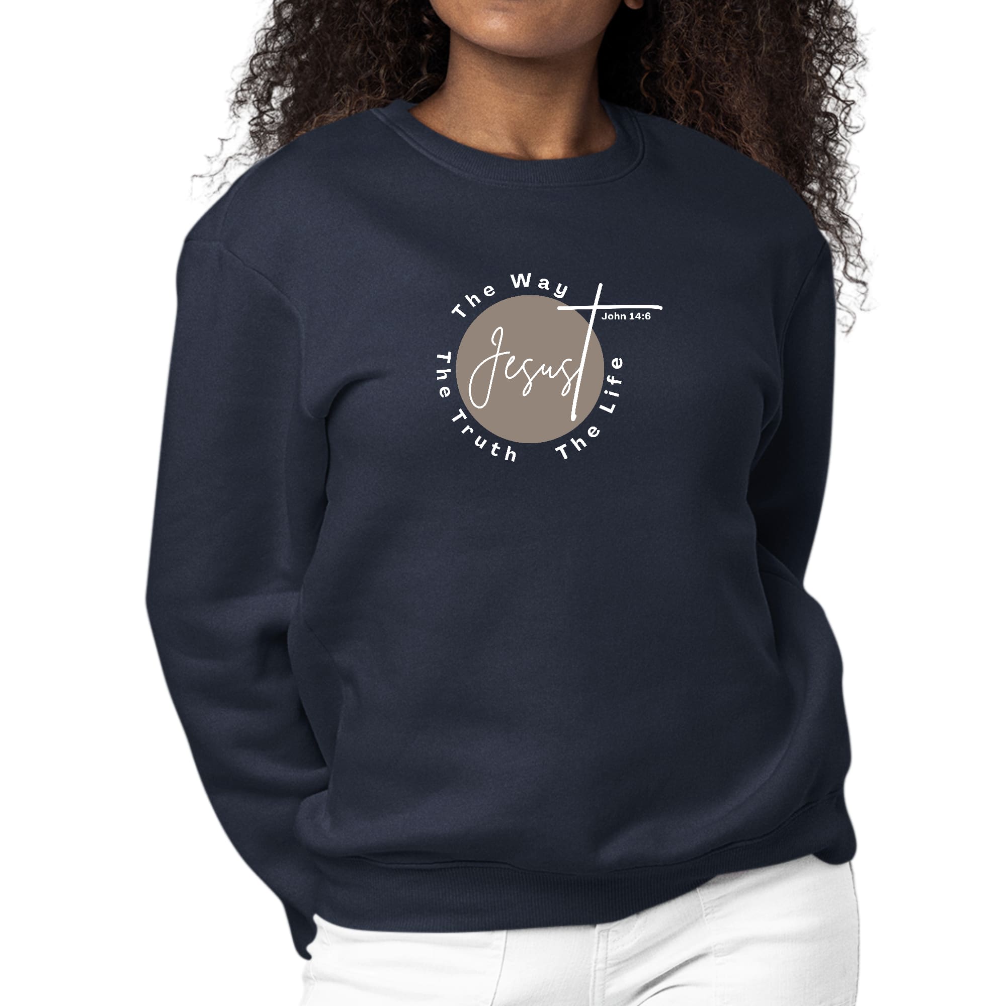 Women's brown and white graphic sweatshirt with 'The Truth The Way The Life' printed on the front, featuring a crewneck design and long sleeves.