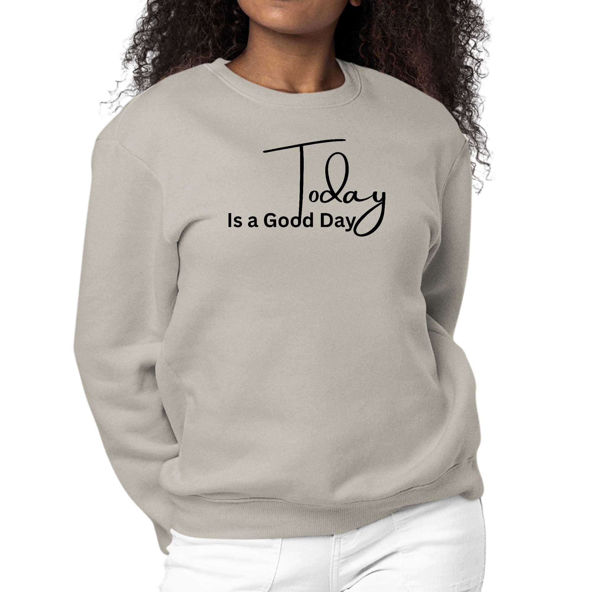 Women's Graphic Sweatshirt in black featuring 'Today is a Good Day' illustration, showcasing a comfortable crewneck design.