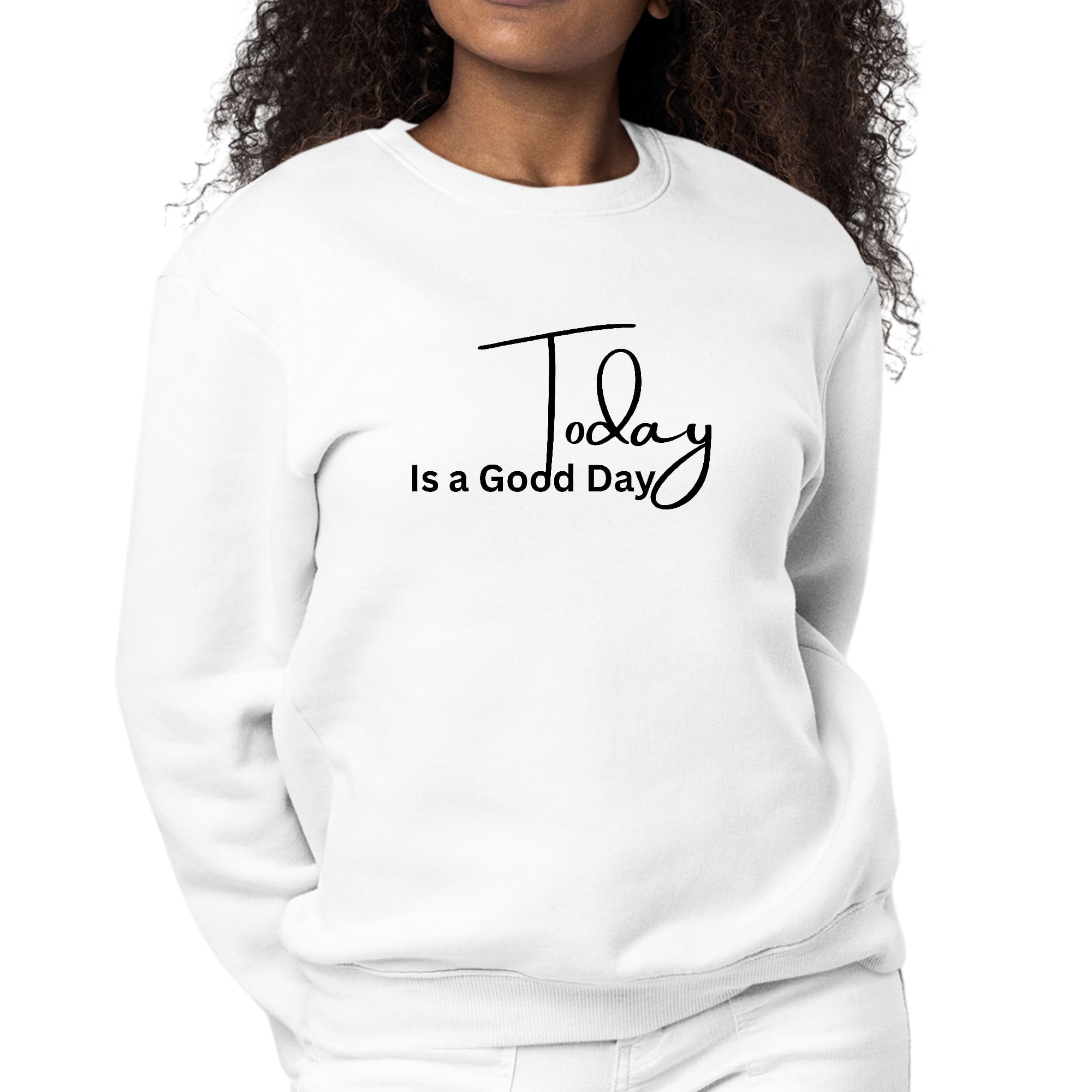 Women's Graphic Sweatshirt in black featuring 'Today is a Good Day' illustration, showcasing a comfortable crewneck design.