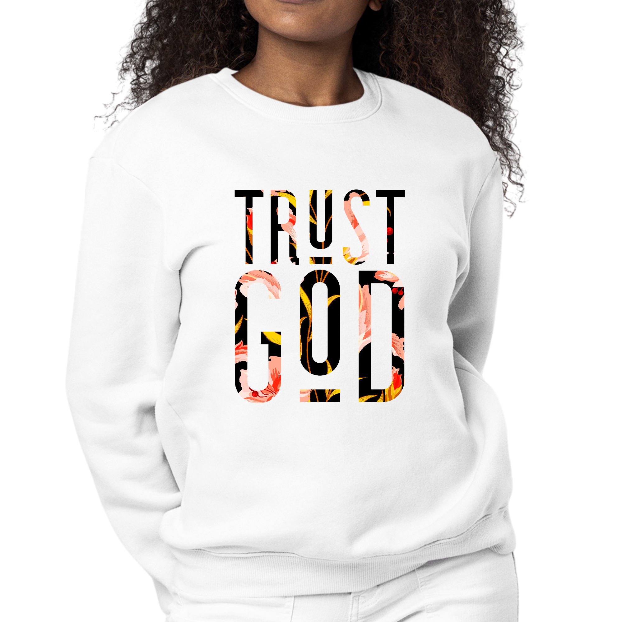 Women's Graphic Sweatshirt with Trust God Floral Print, showcasing a cozy design and vibrant floral graphics.