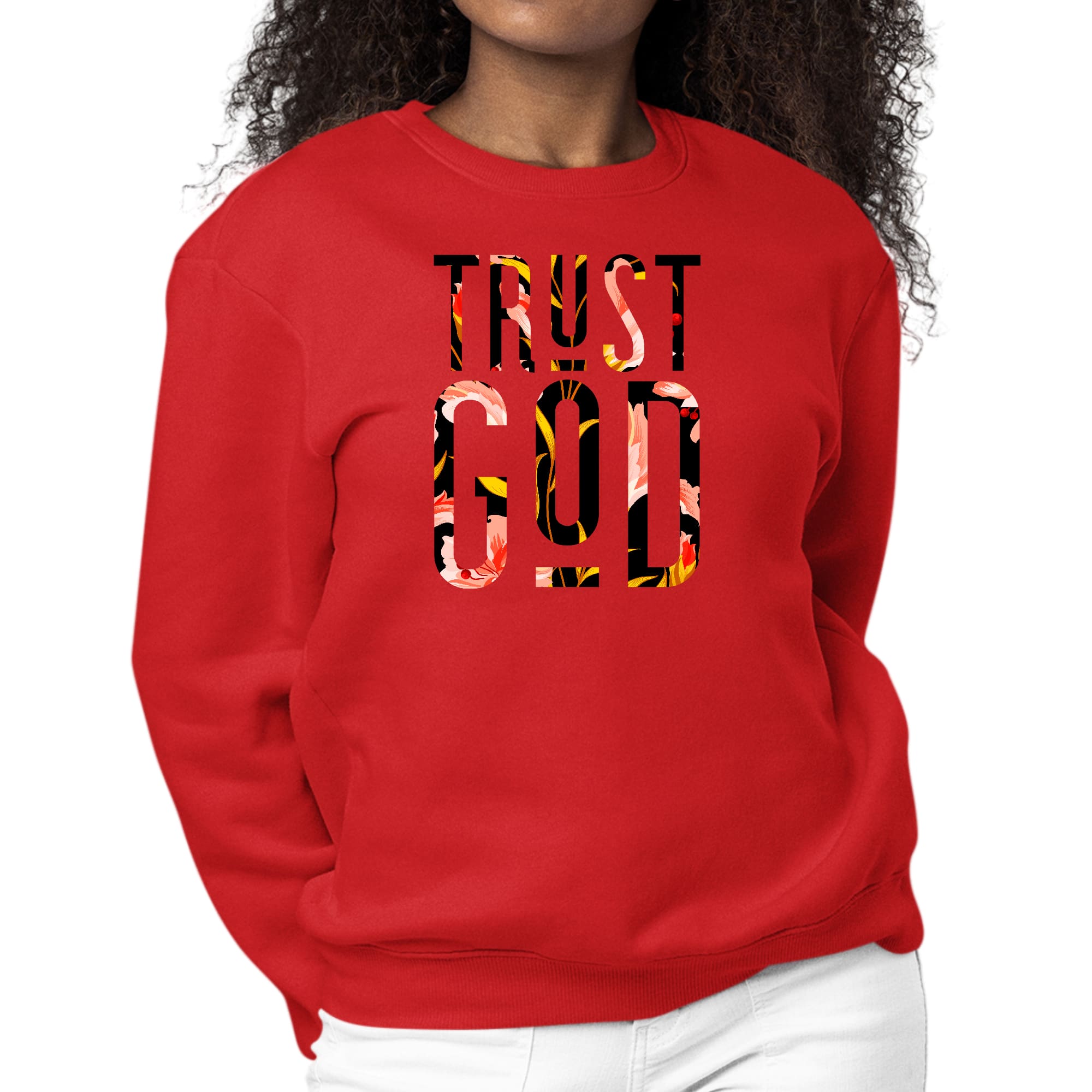 Women's Graphic Sweatshirt with Trust God Floral Print, showcasing a cozy design and vibrant floral graphics.