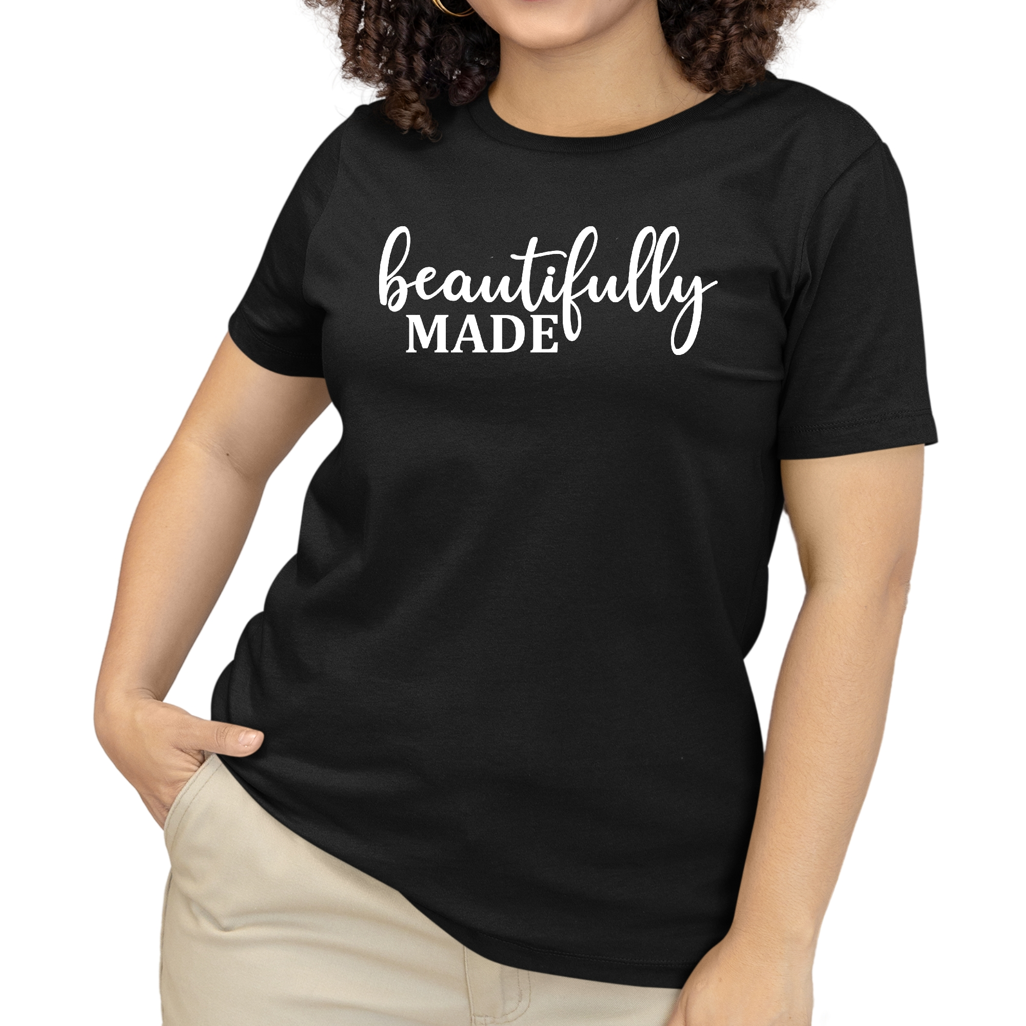 A stylish Women's Graphic T-shirt featuring Beautifully Made Inspiration Affirmation, made from soft preshrunk cotton with a crewneck design.