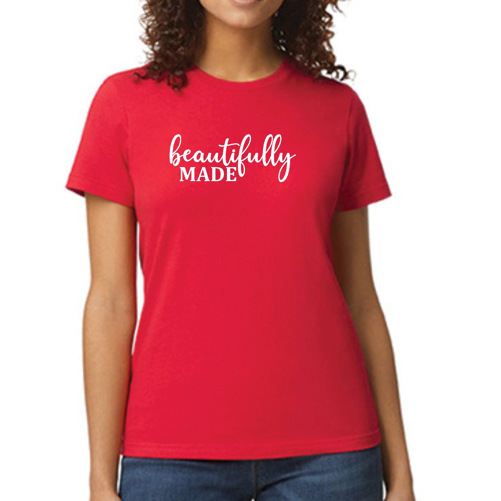 A stylish Women's Graphic T-shirt featuring Beautifully Made Inspiration Affirmation, made from soft preshrunk cotton with a crewneck design.