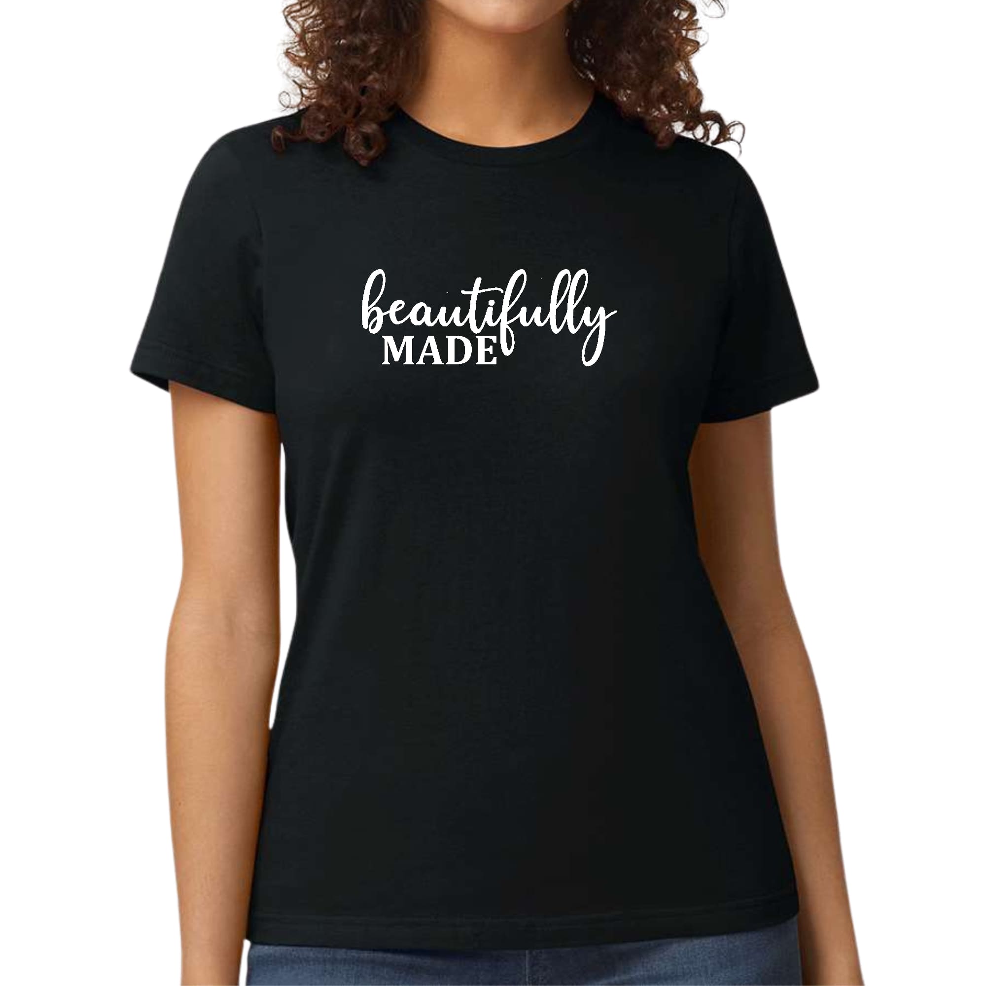 A stylish Women's Graphic T-shirt featuring Beautifully Made Inspiration Affirmation, made from soft preshrunk cotton with a crewneck design.