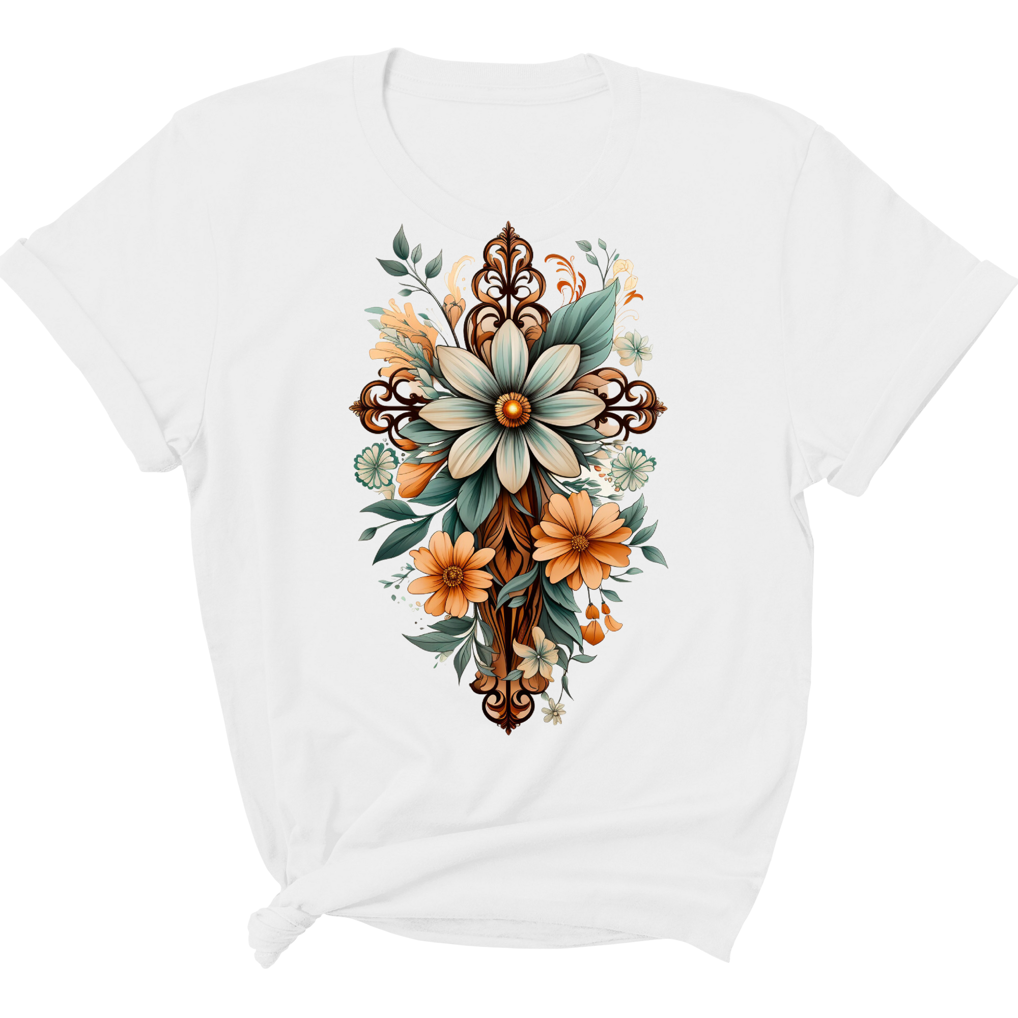 Women's Graphic T-shirt featuring a Christian Cross Floral Bouquet design in green and brown, made from soft preshrunk cotton.