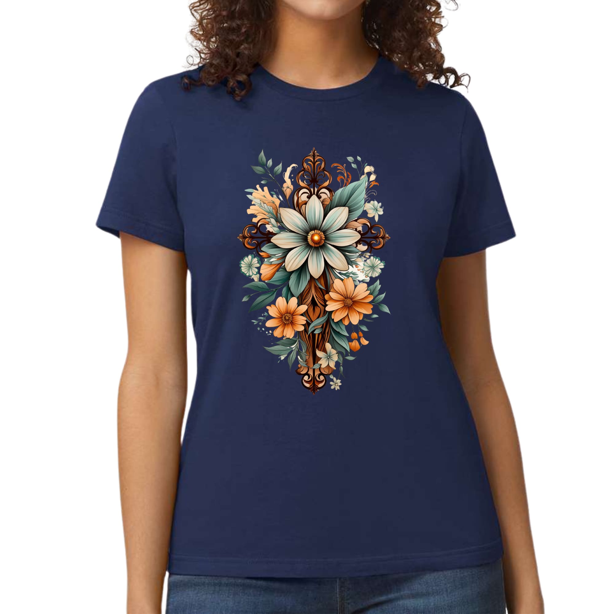 Women's Graphic T-shirt featuring a Christian Cross Floral Bouquet design in green and brown, made from soft preshrunk cotton.