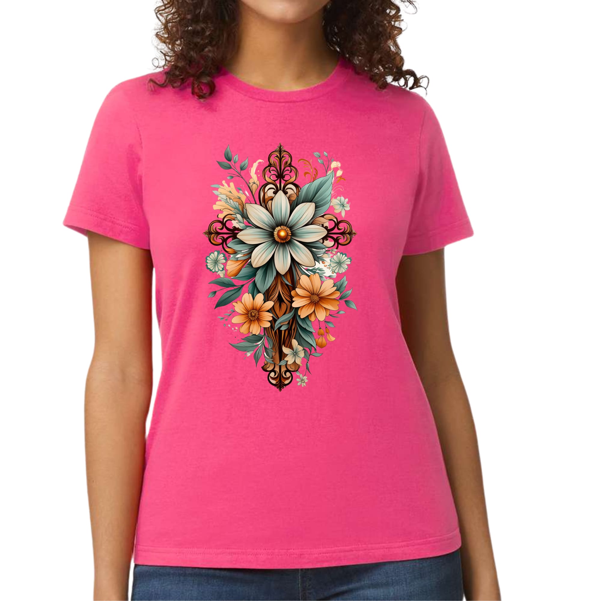 Women's Graphic T-shirt featuring a Christian Cross Floral Bouquet design in green and brown, made from soft preshrunk cotton.