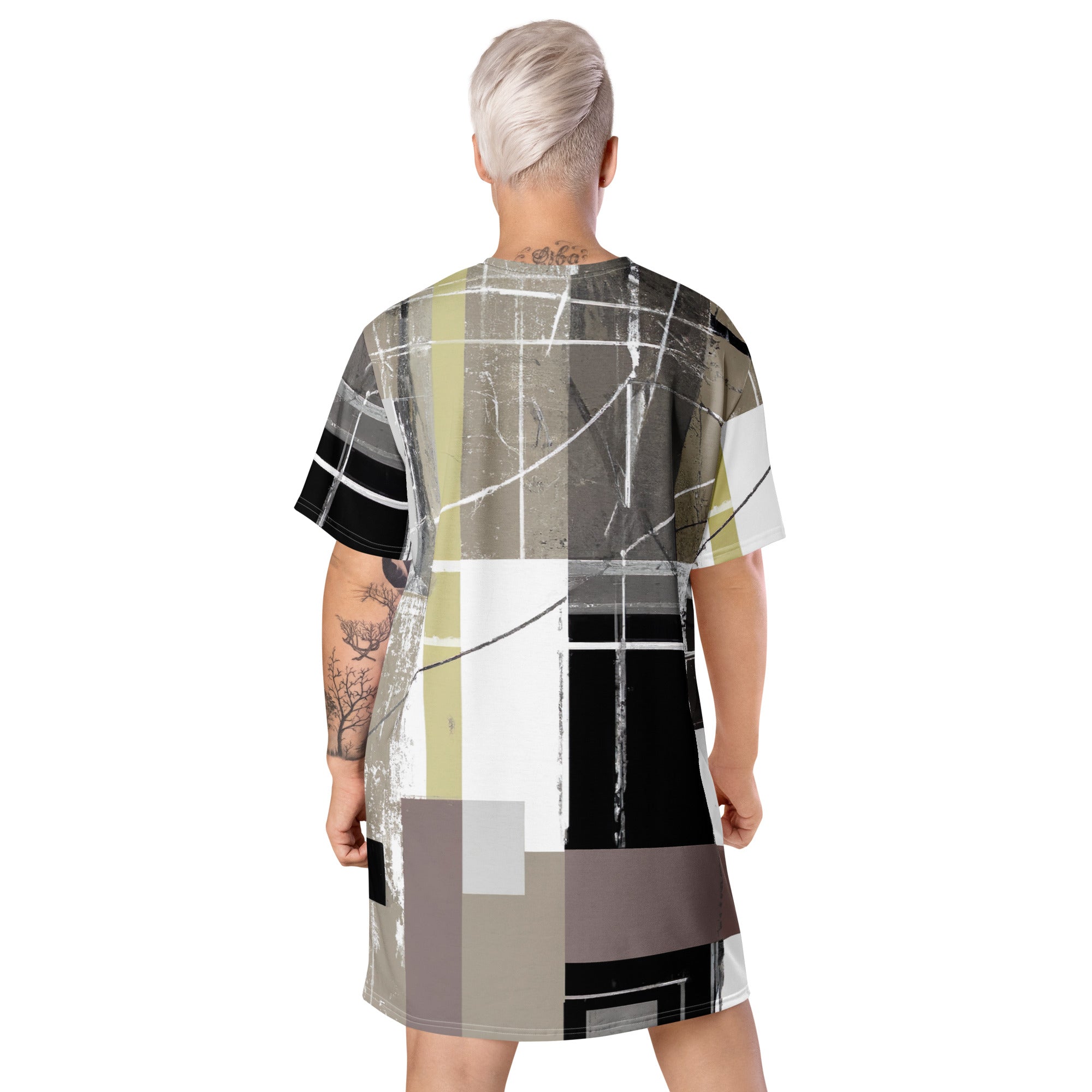 Womens Graphic T-shirt Dress featuring abstract brown geometric shapes, showcasing its oversized fit and stylish design.