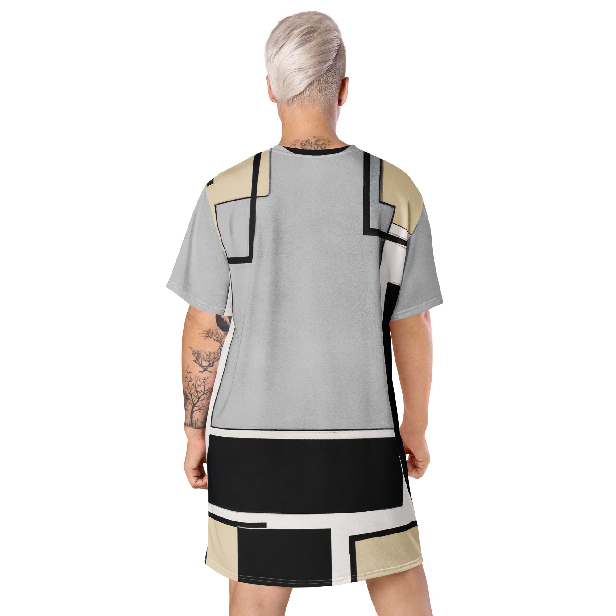 Womens Graphic T-shirt Dress featuring a black grey abstract pattern, showcasing its oversized fit and stylish design.