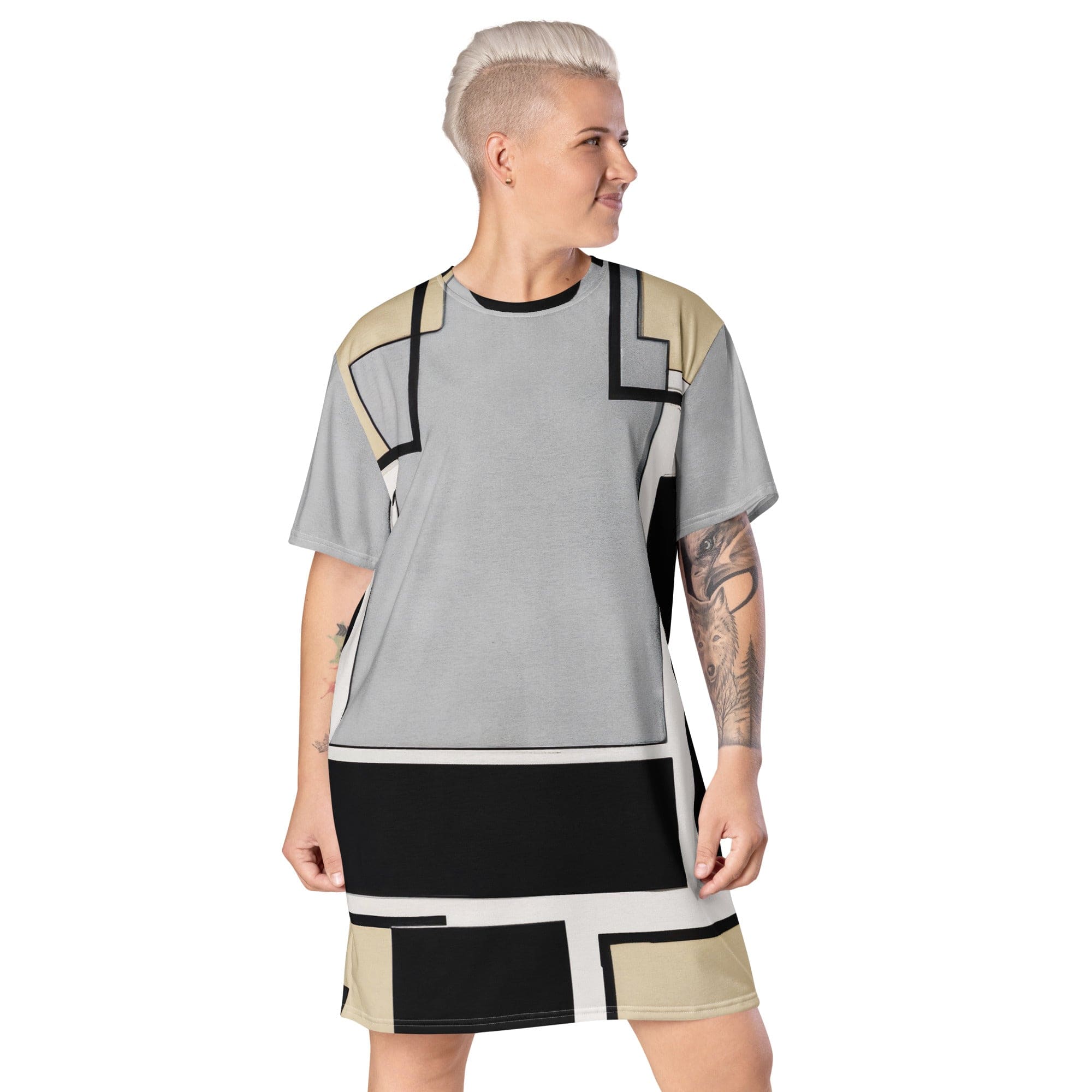 Womens Graphic T-shirt Dress featuring a black grey abstract pattern, showcasing its oversized fit and stylish design.