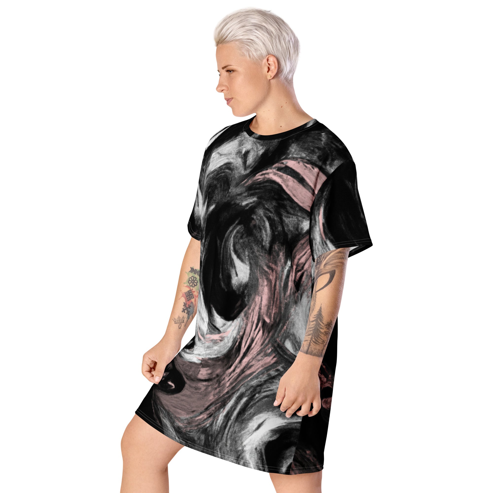 Womens Graphic T-shirt Dress featuring a black, pink, and white abstract pattern, showcasing its oversized fit and stylish design.