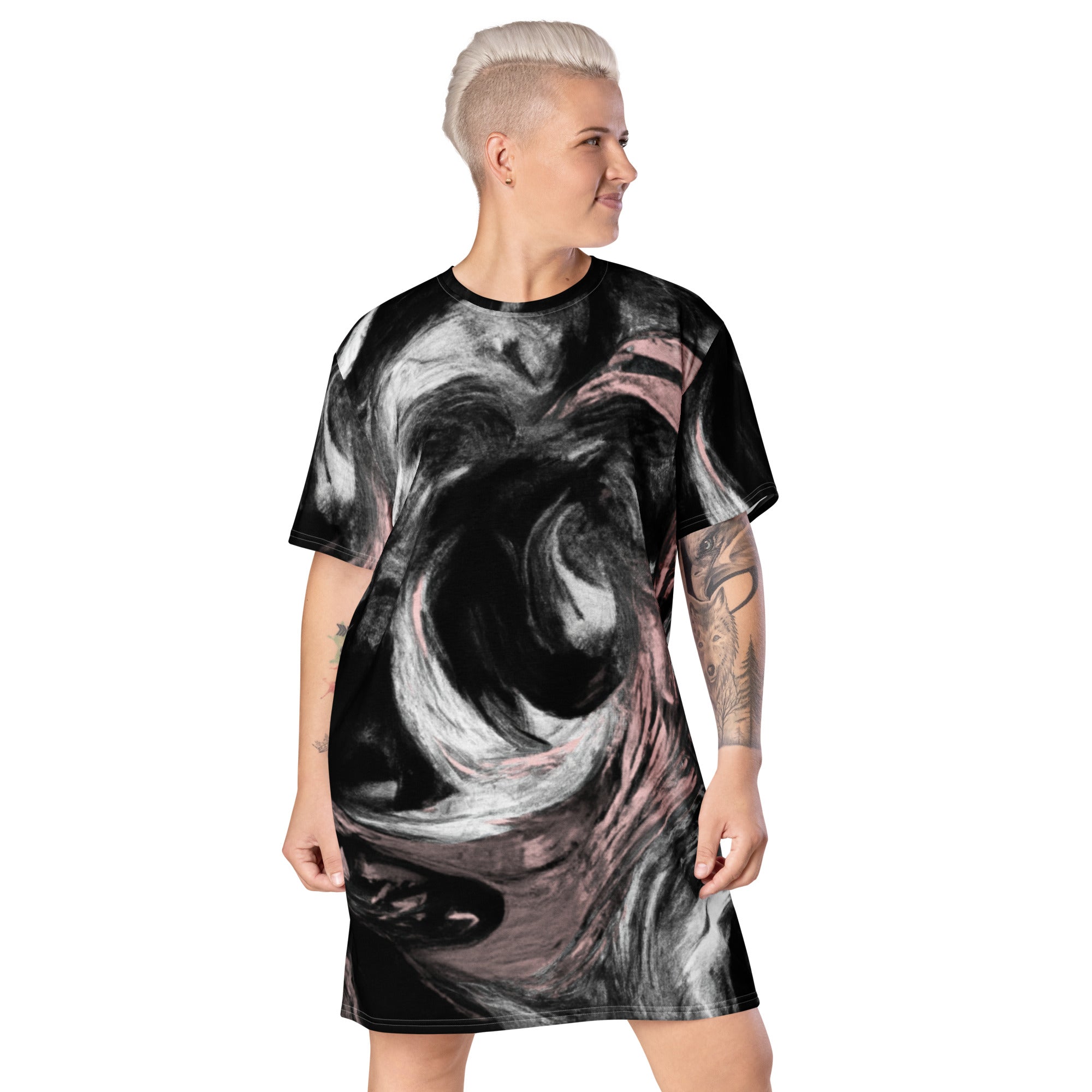 Womens Graphic T-shirt Dress featuring a black, pink, and white abstract pattern, showcasing its oversized fit and stylish design.