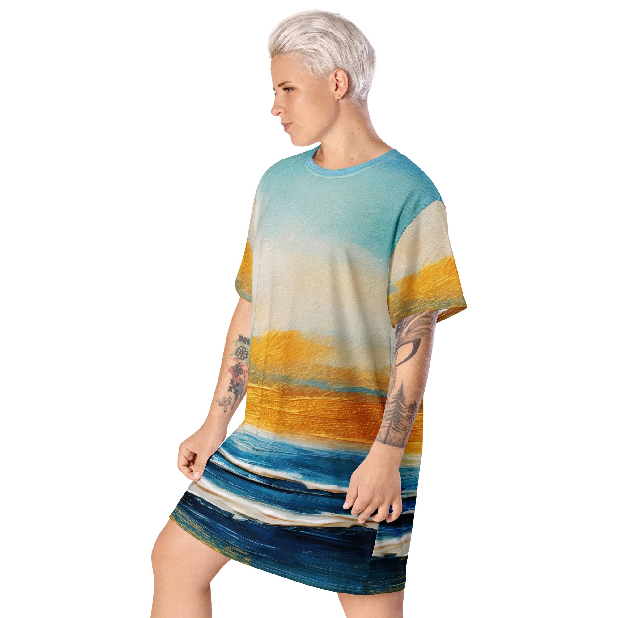 Womens Graphic T-shirt Dress featuring a Blue Ocean Golden Sunset print, showcasing its oversized fit and stylish design.