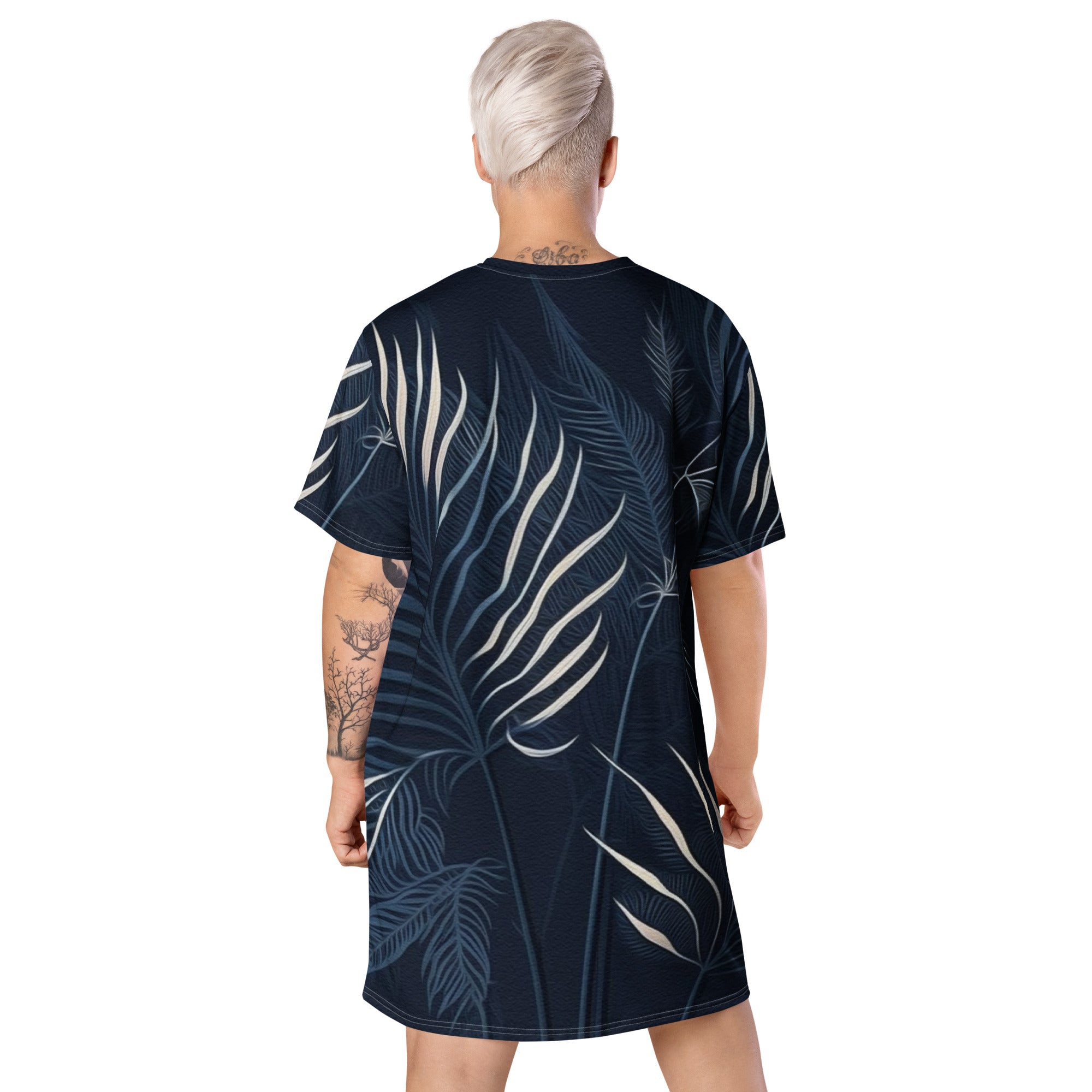 Womens Graphic T-shirt Dress in blue and white with palm leaves design, showcasing its oversized fit and stylish look.