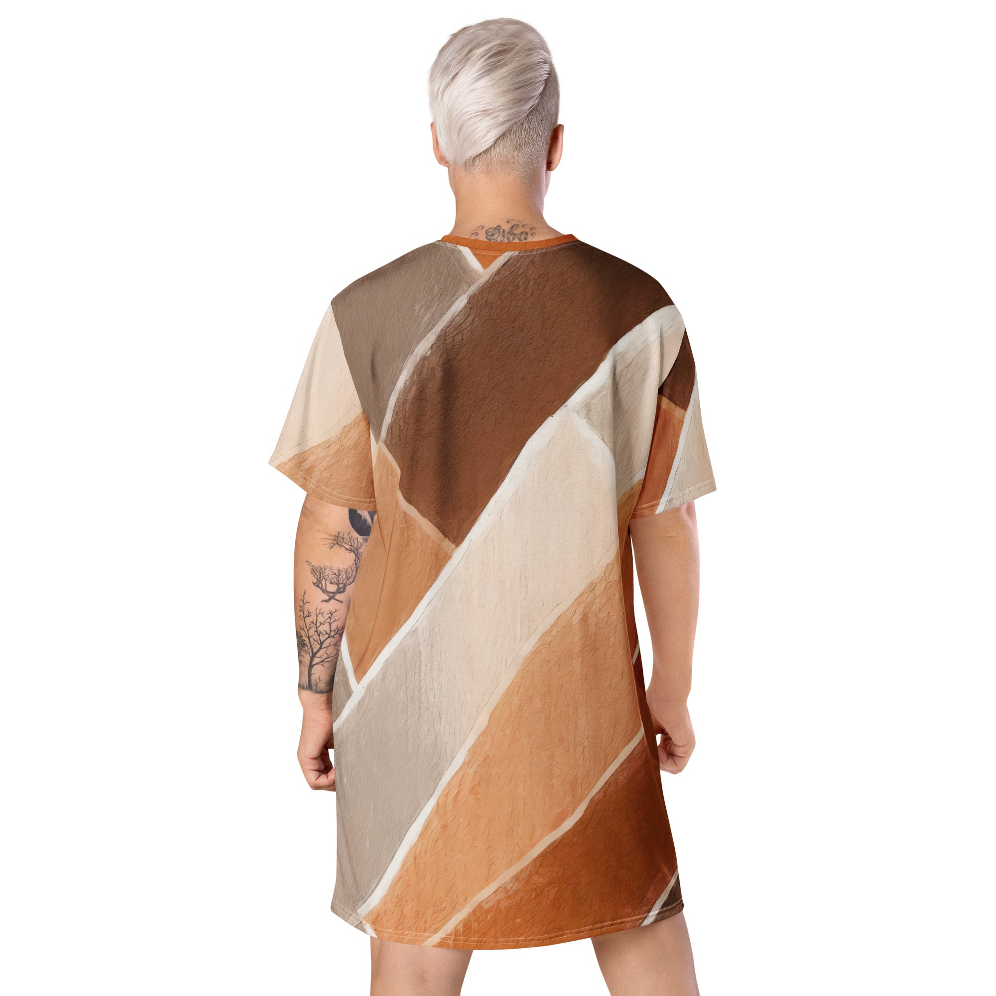 Womens Graphic T-shirt Dress featuring a brown rustic watercolors print, showcasing its oversized fit and stylish design.