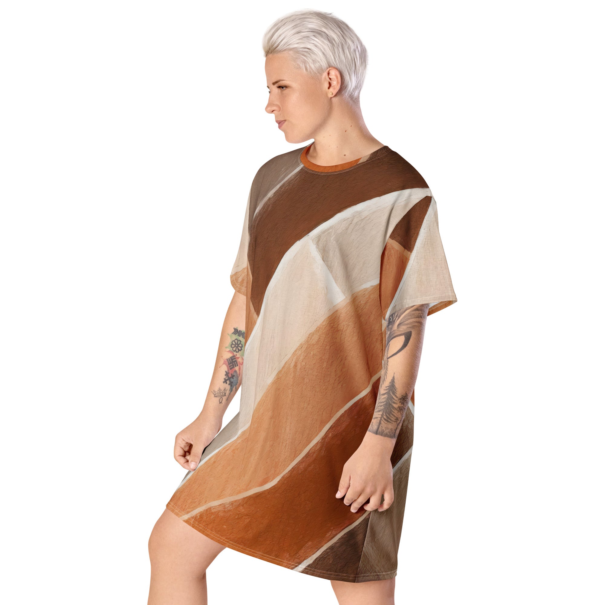 Womens Graphic T-shirt Dress featuring a brown rustic watercolors print, showcasing its oversized fit and stylish design.