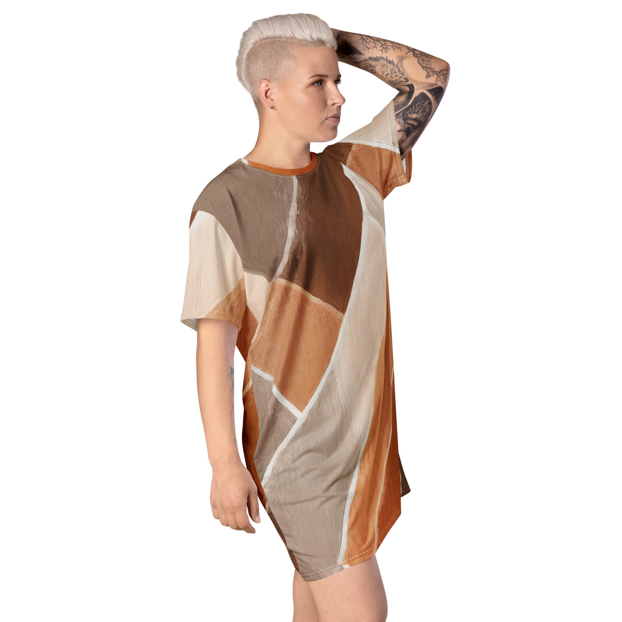 Womens Graphic T-shirt Dress featuring a brown rustic watercolors print, showcasing its oversized fit and stylish design.