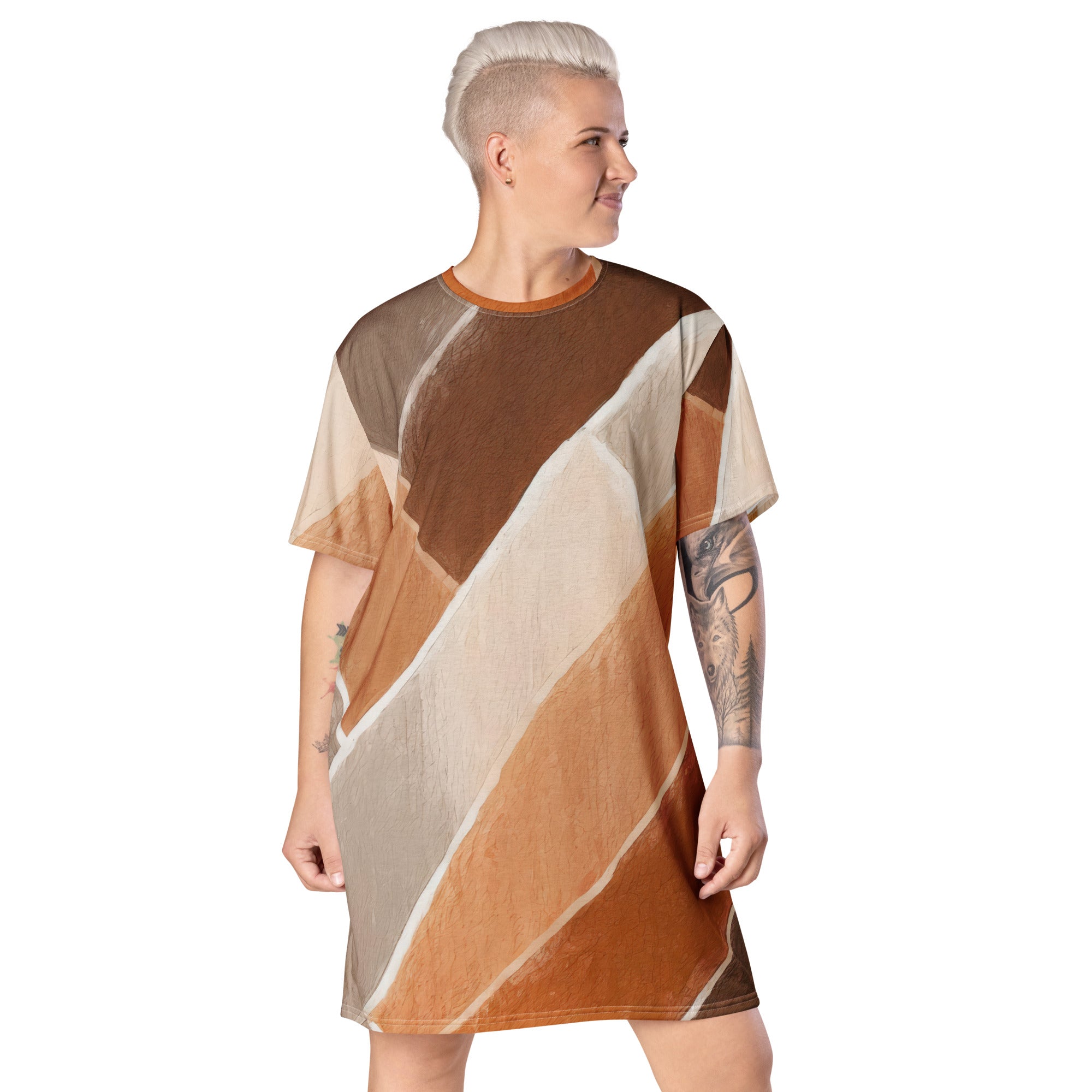 Womens Graphic T-shirt Dress featuring a brown rustic watercolors print, showcasing its oversized fit and stylish design.