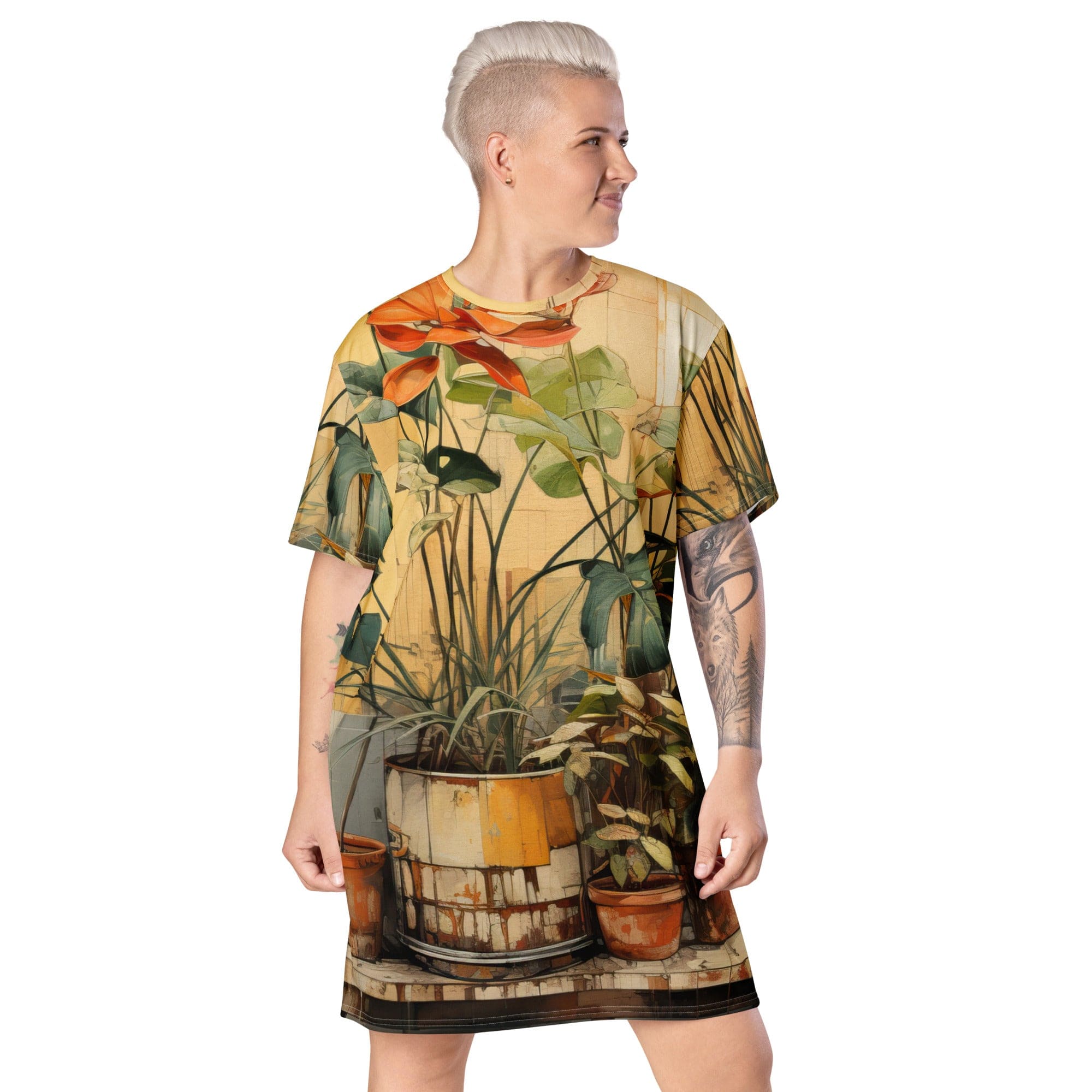Womens Graphic T-shirt Dress featuring an earthy rustic potted plants print, showcasing its comfortable oversized fit and stylish design.